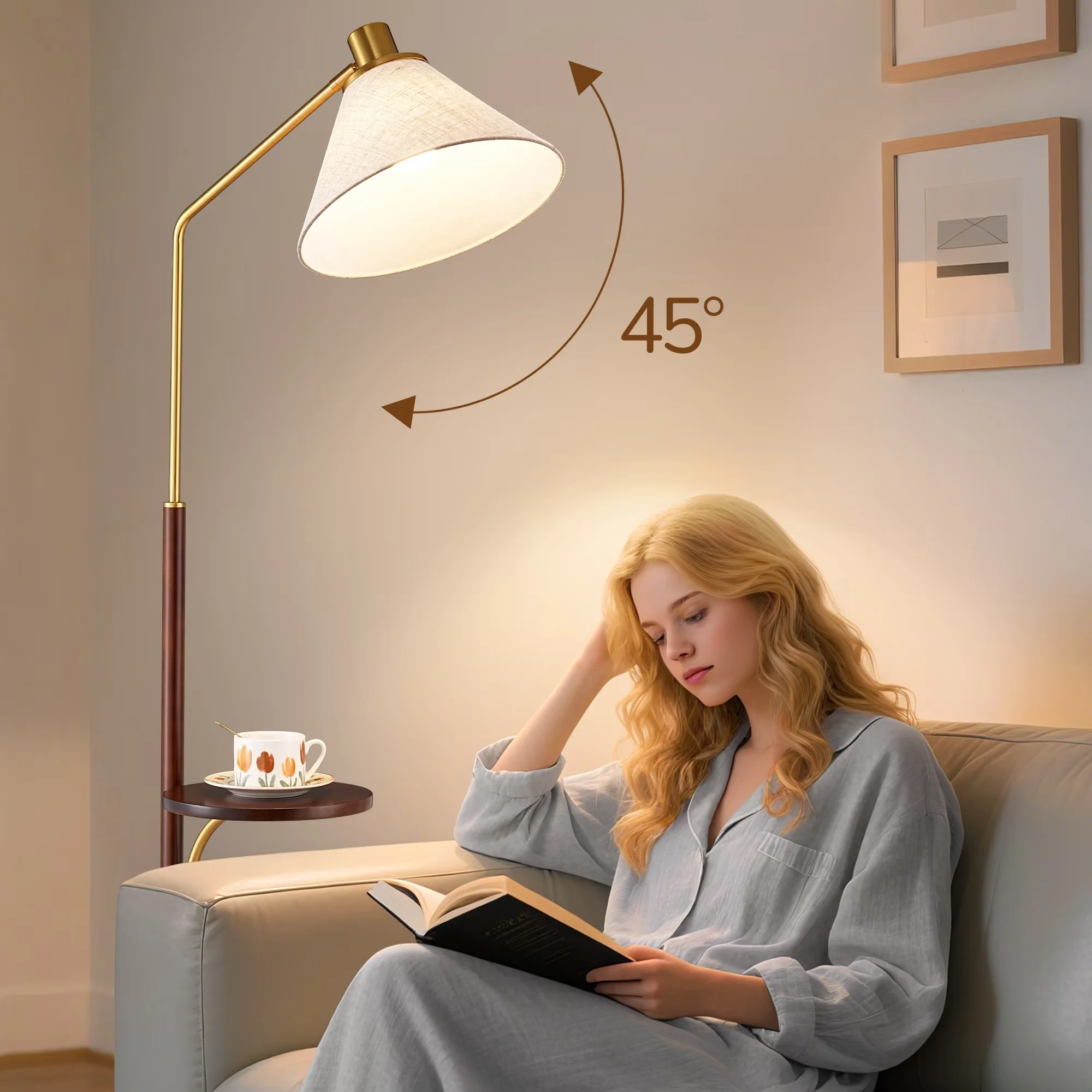 Floor Lamp Efficient with LED, Dimmable - Red, Gold Wood, Metal for Living Room, Home Model 79BA0E