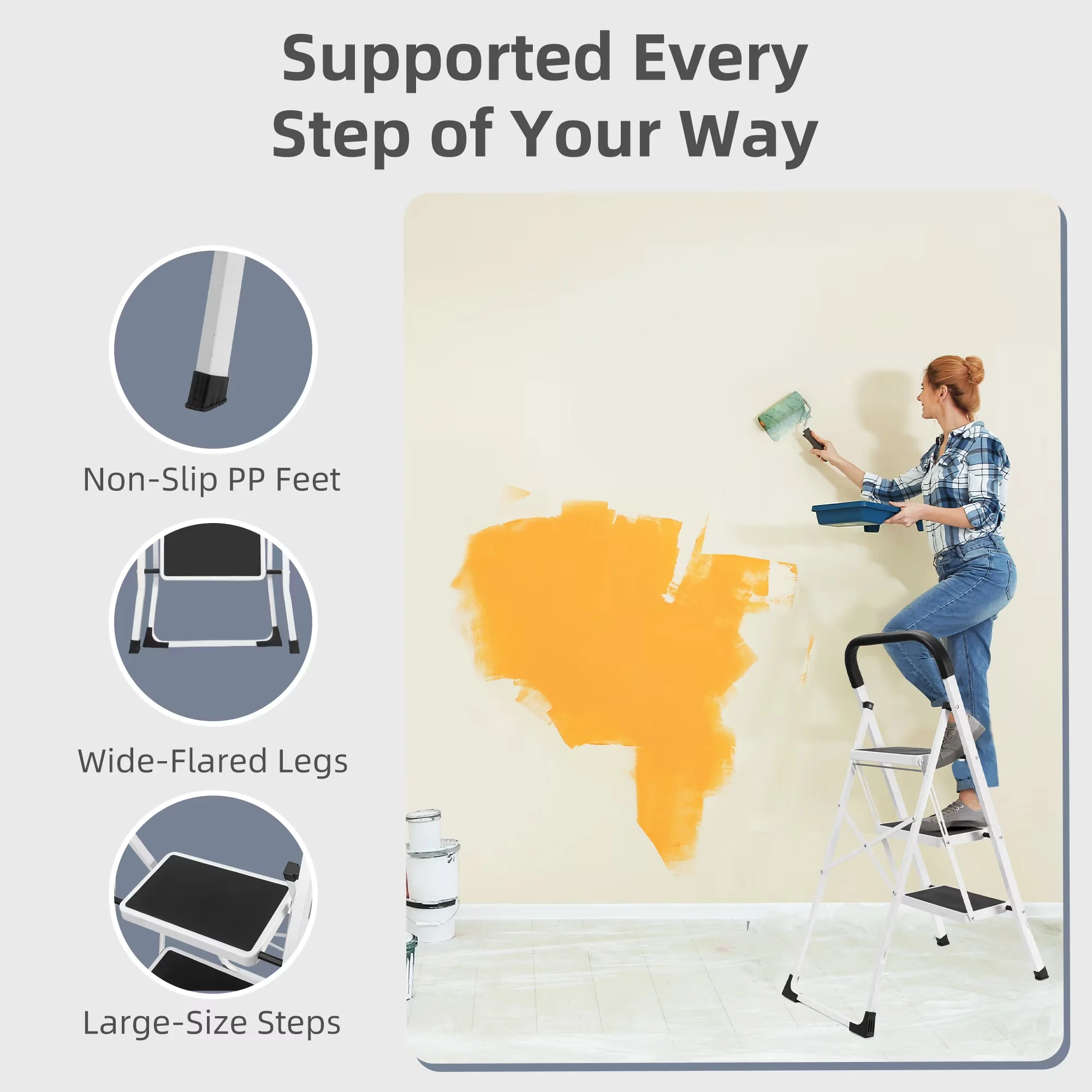 Ladders And Step Stool Stylish with Wide Anti-Slip Platform Steps, 330 lbs Capacity - White Steel Model 9756F8