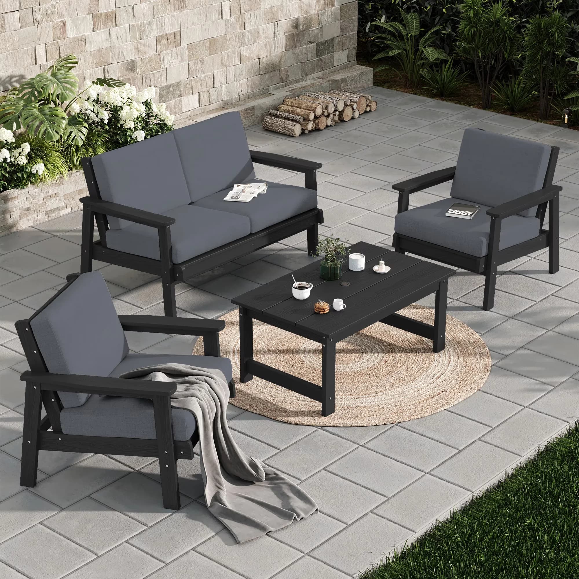 Durable Patio Conversation Set with Weatherproof, 5 Pieces Outdoor HDPE Furniture Sets, Sets - Hdpe Model 4CB124
