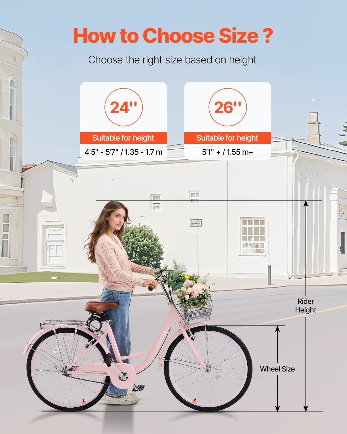 Cruiser Bike Compact with Foldable, Adjustable Seat, 1-Speed - Pink 26 Model D313BE