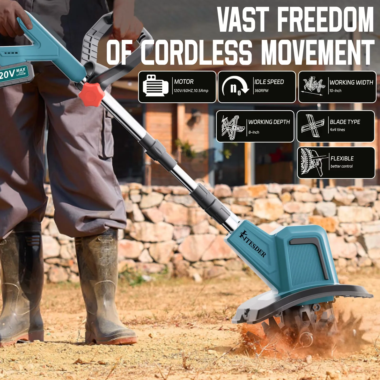 Trillers Cultivator Modern with 2×Battery & Charger, Garden Tiller, Manganese Steel Tines for Garden - Model CB5ADB