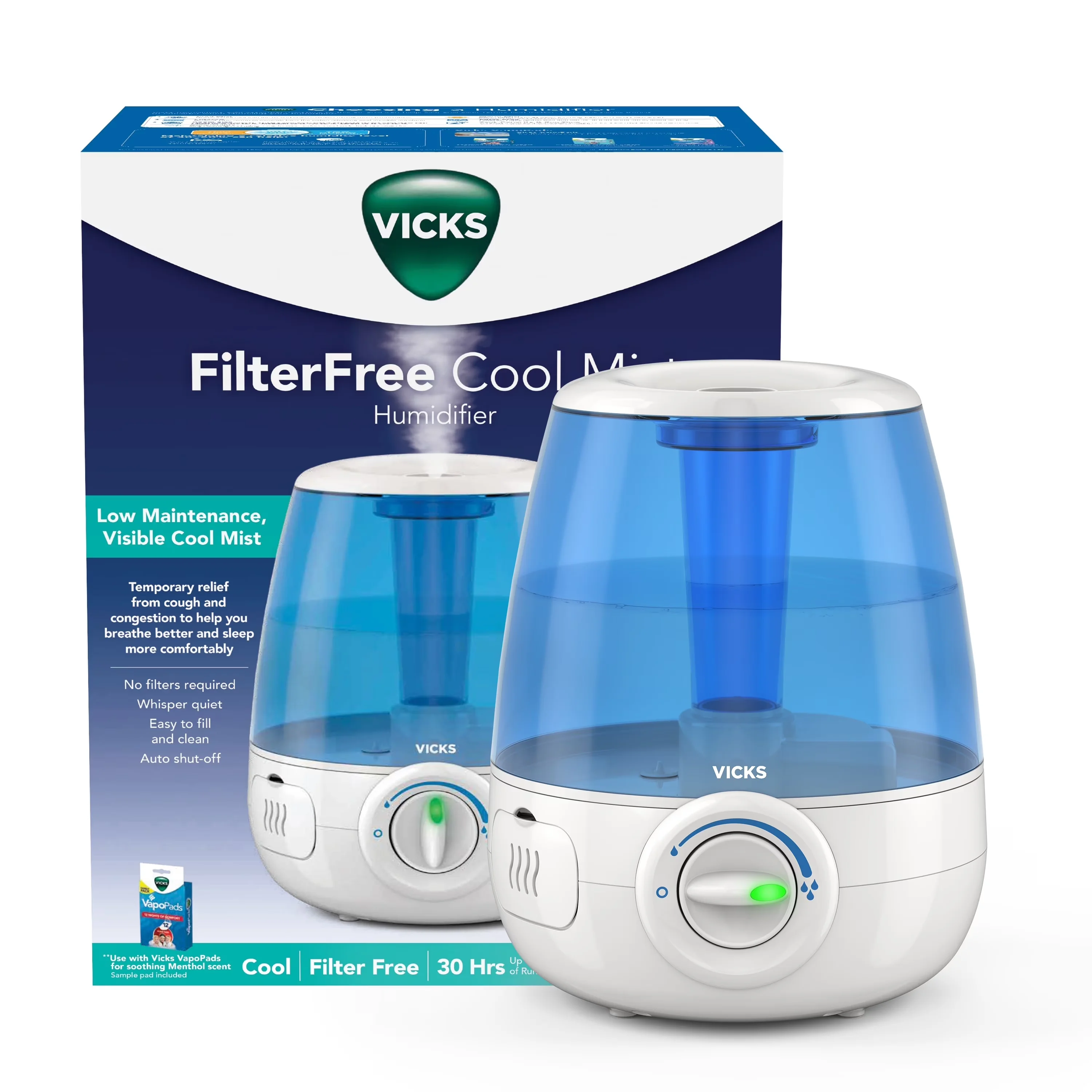 Stylish Humidifier with Automatic Shut-Off, White, Filter-Free Cool Mist - Blue Model 688407