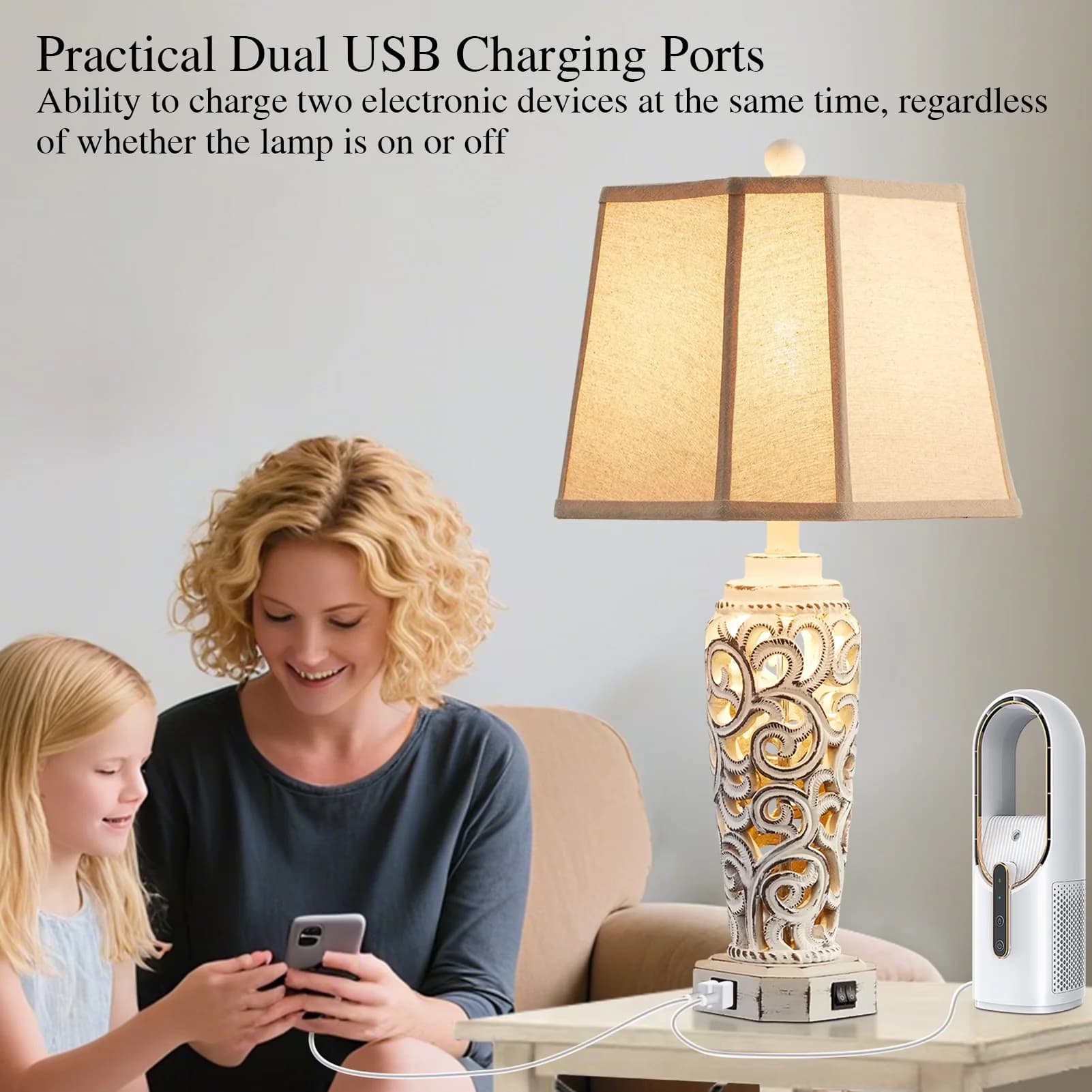 Compact Lamp Set with LED, Rustic/Lodge, Usb Port - Resin White Open - Traditional Style Model 24CDB5