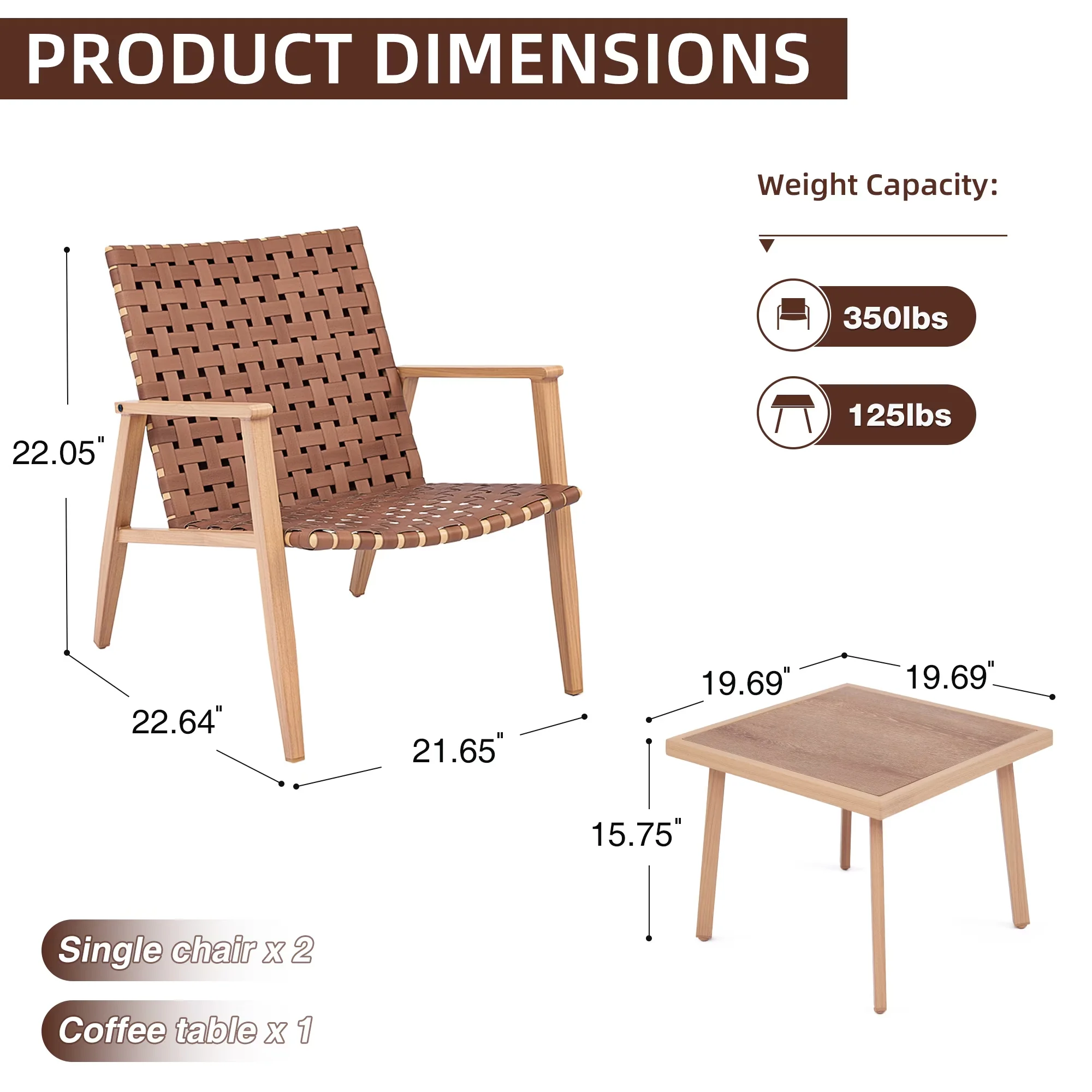 Patio Dining Set Classic with Rust Resistant, Coffee Table, 3-Piece Bistro - Brown Metal, Leather Resin Model E73B98