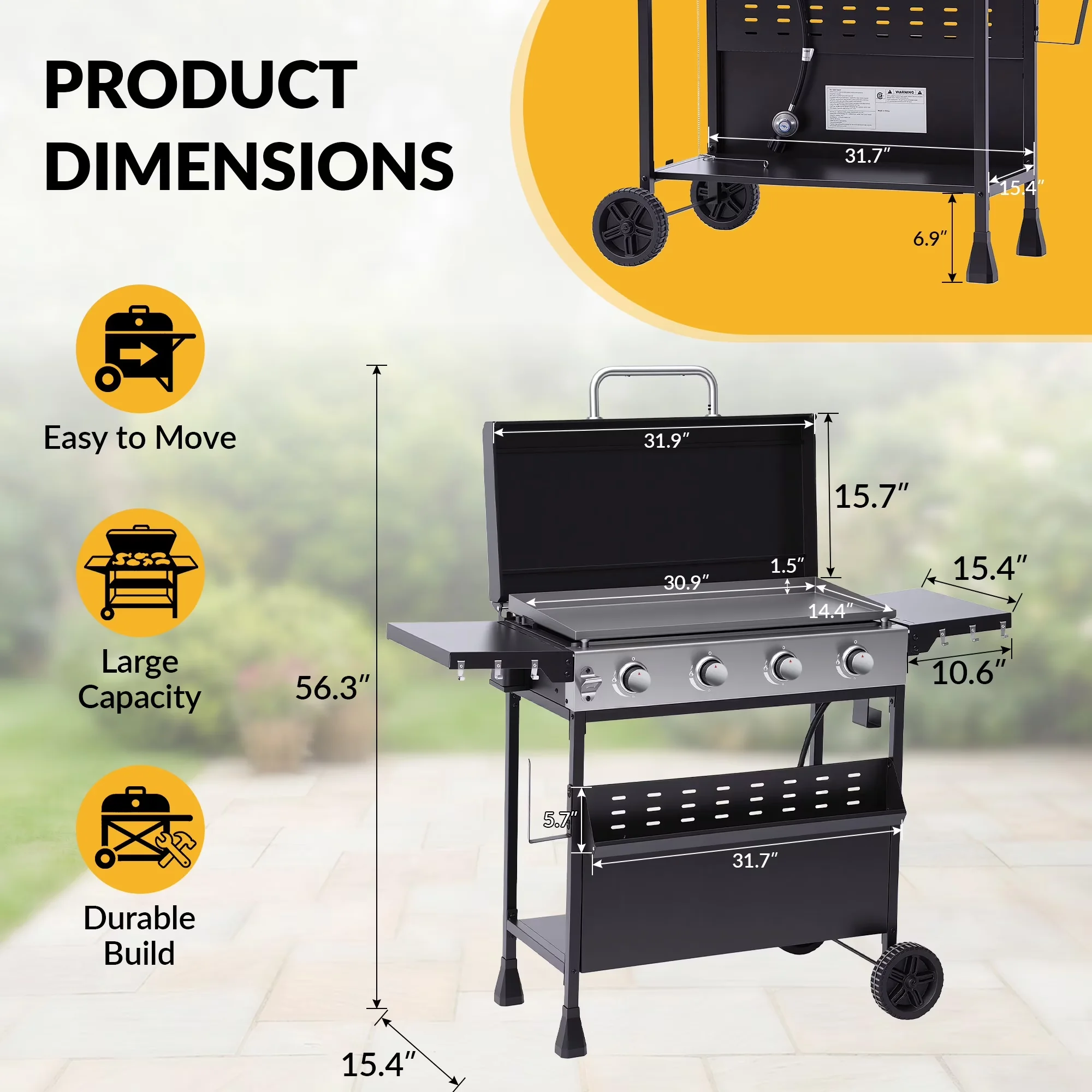 Gas Grill Sleek with 32000 BTU, Tool Holder - Black Metal for Outdoor, Camping Model ADB85F