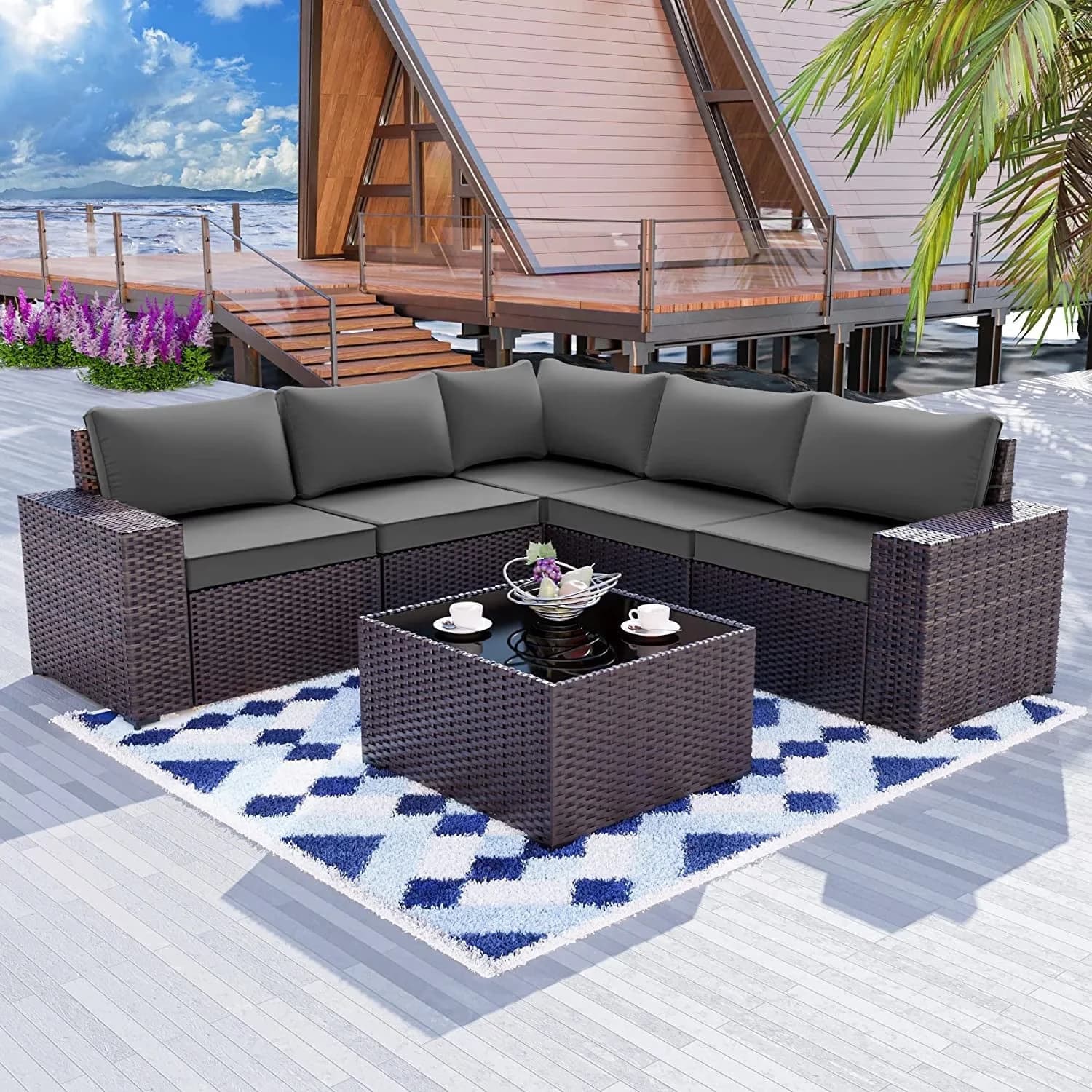 Versatile Outdoor Sofas Sectional with Weatherproof, Wide Armrest (Grey) - Gray Pe Rattan Wicker, Wicker Model 726F26