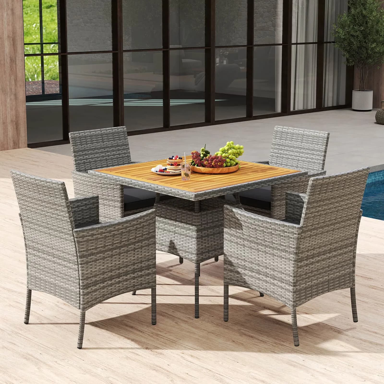 Stylish Patio Dining Set with 5 Pieces PE Wicker, Cushions and 1.97" Umbrella Hole - Pe Rattan, Acacia Wood, Metal, Polyester, Sponge... Model 761788