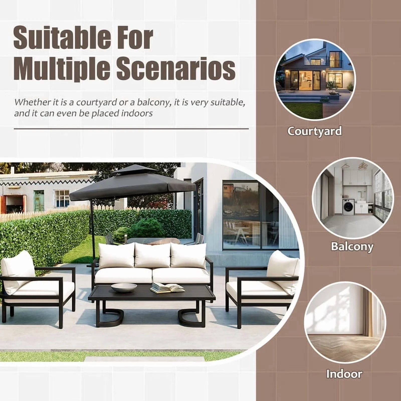 Stylish Patio Conversation Set with Coffee Table, Furniture, Cushions - Beige Steel for Garden Model FCCACE