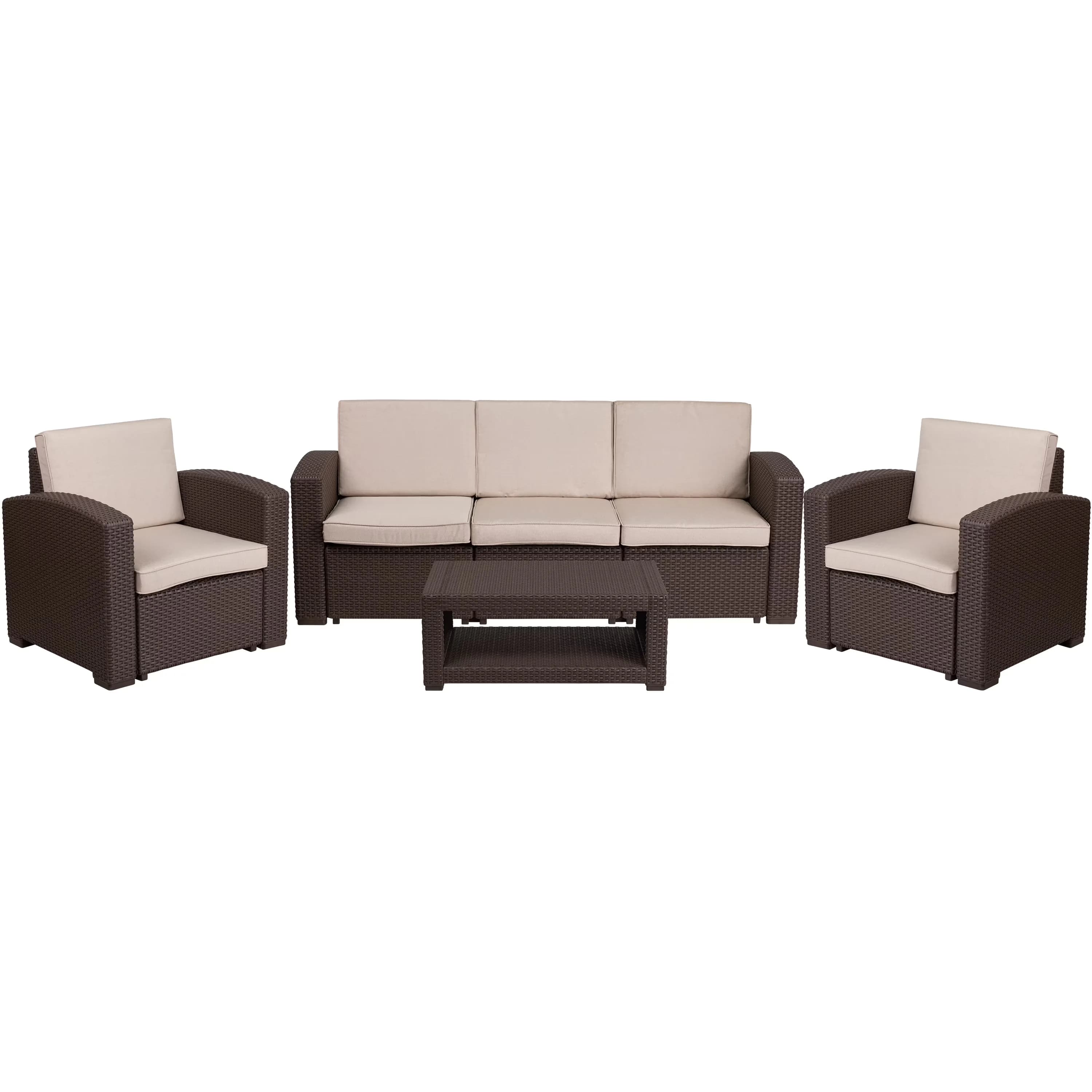 Professional Patio Dining Set with Storage, Deep Seats for comfort and relaxation, Dense CAL 117 Foam Cushions - Brown Resin, Foam,... Model 4DB18D