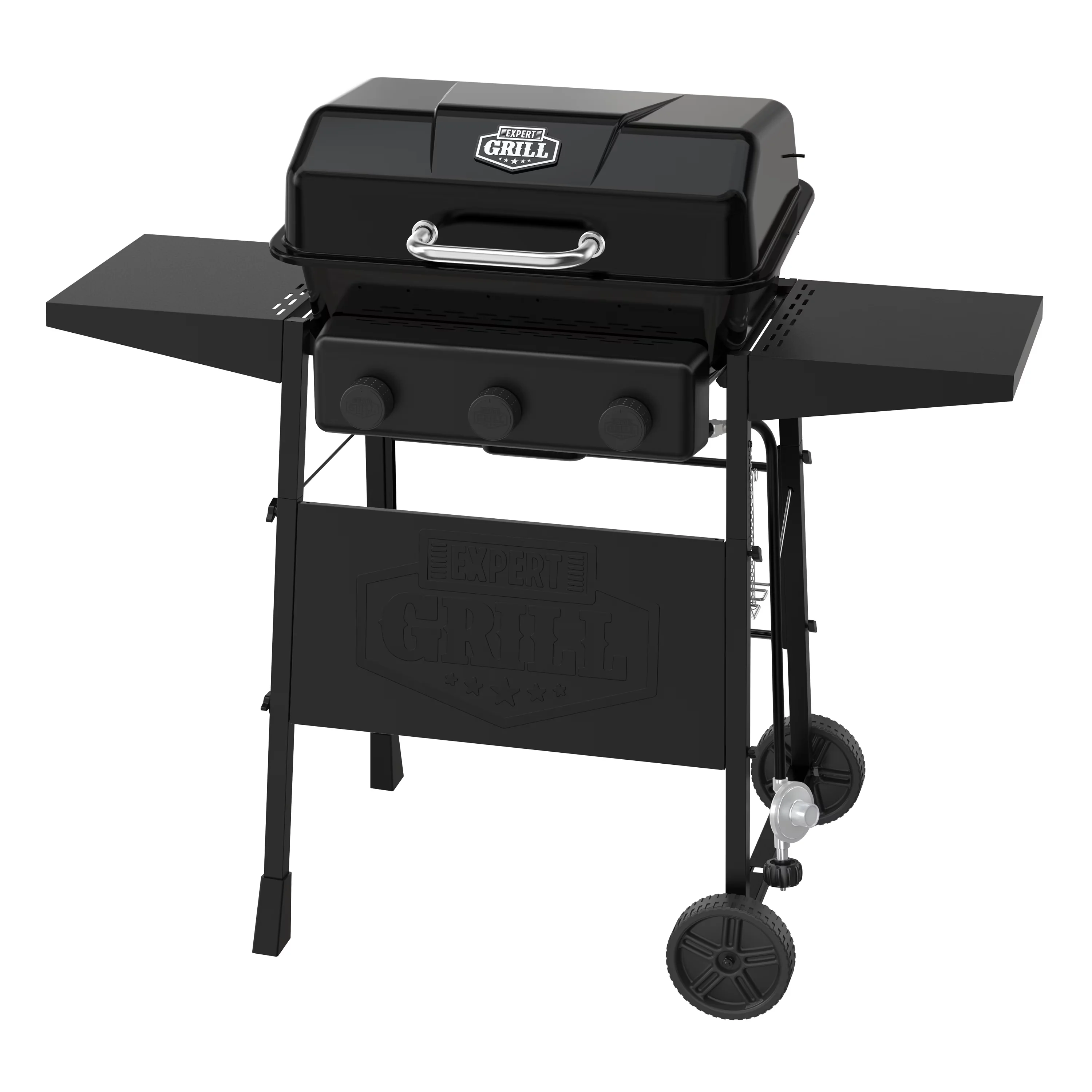 Premium Gas Grill with Warming Rack, Wheels and Side Shelves, Black - Powder-Coated Steel Model 8C34E2