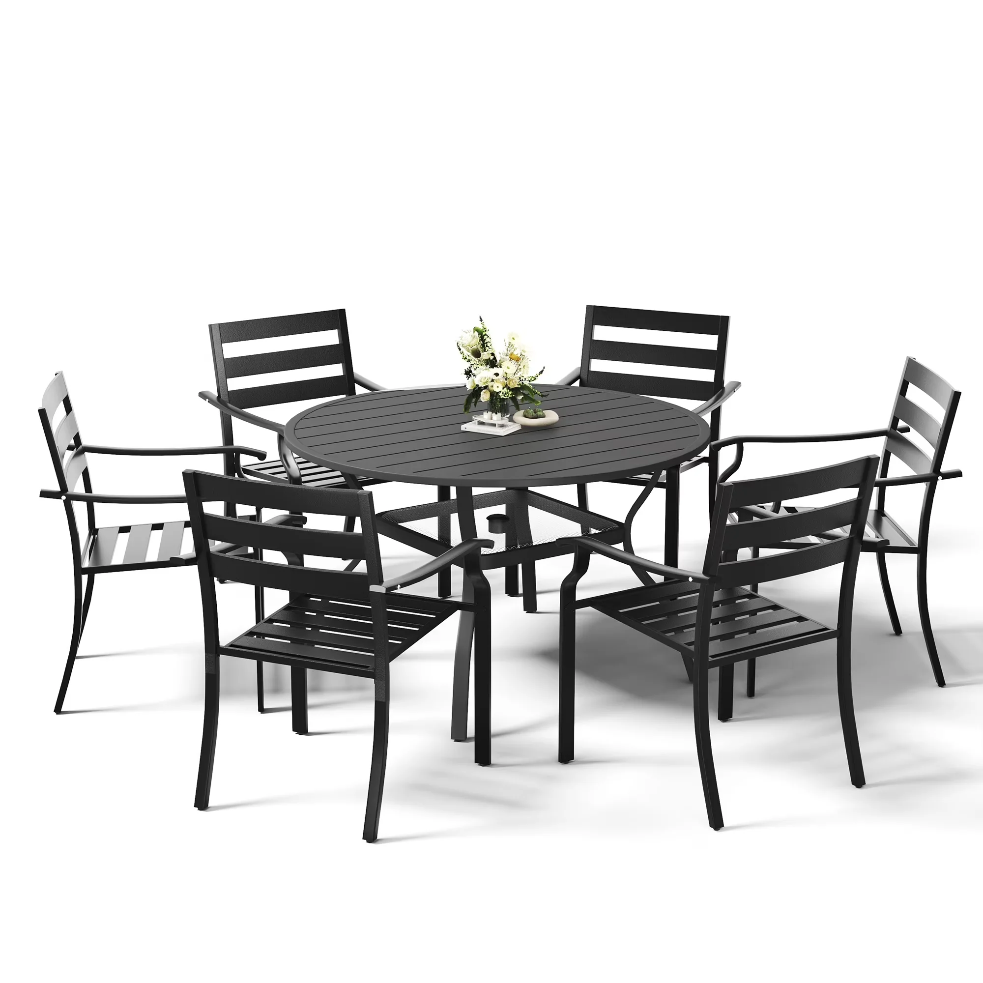 Quality Patio Dining Set with Storage, 7 Piece Metal Outdoor - Black Metal Model 55799B