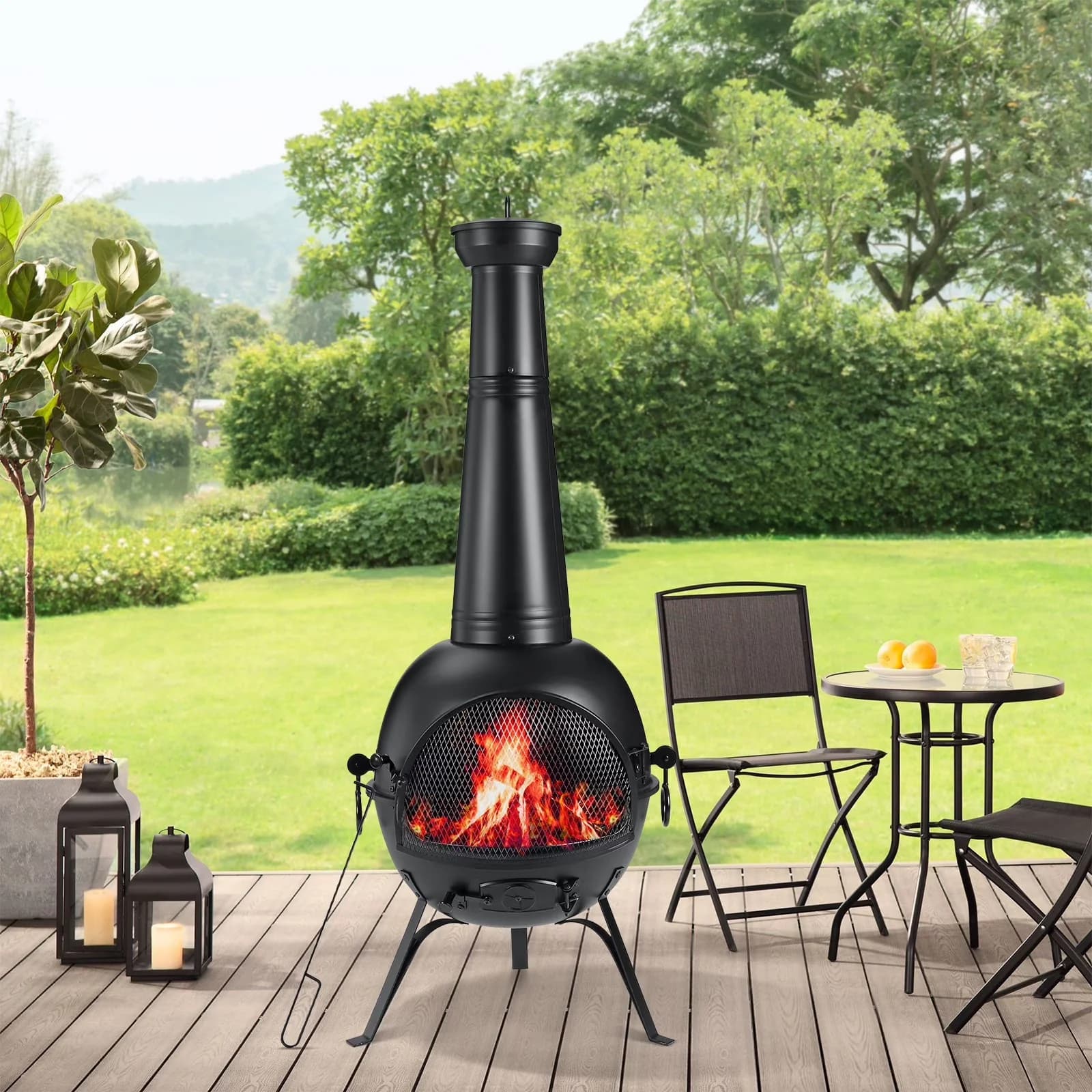 Outdoor Heating Quality with Cover Rain Lids - Black Iron for Garden, Camping Model 03EAFC