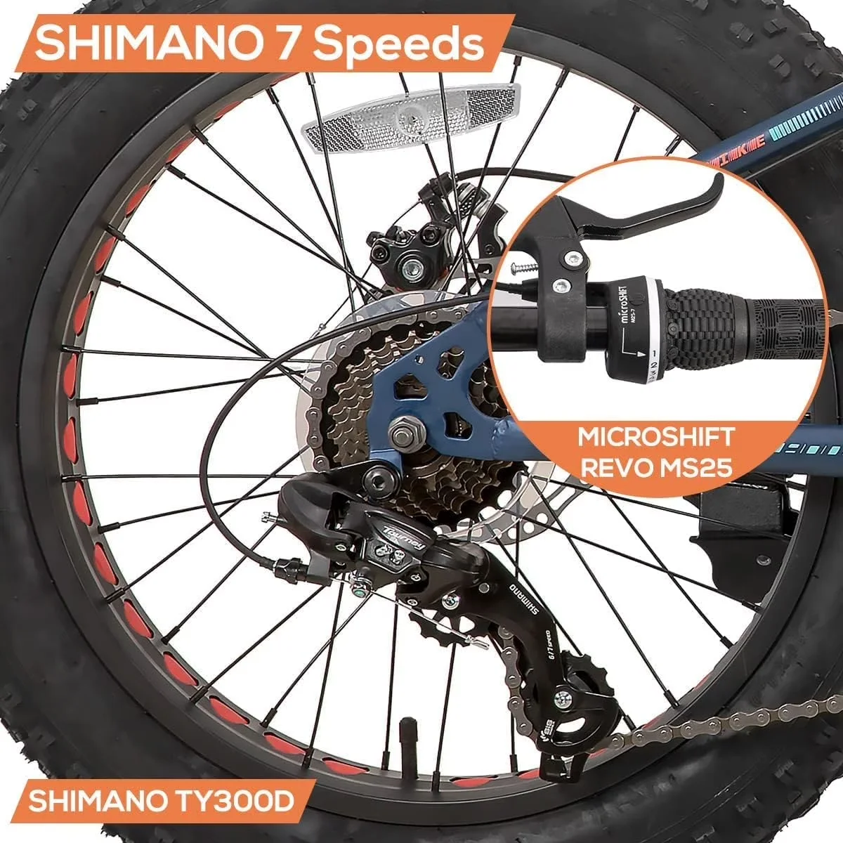 Mountain Bike Efficient with Dual-Disc Brakes, Shimano 7-Speed, Kids Fat Tire - Blue Model 8587F2