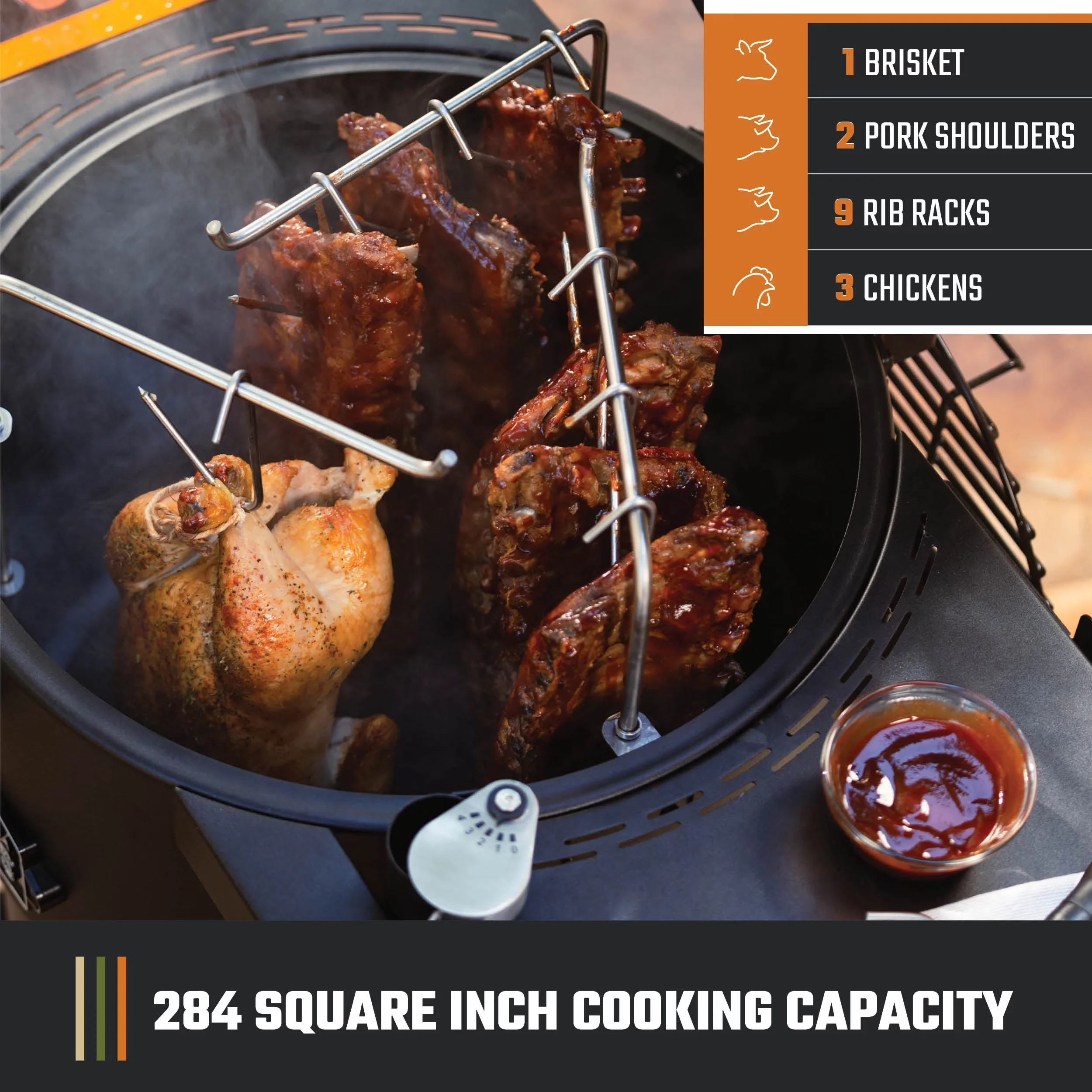 Smoker Reliable with Tool Holder, Grease Pan - Heavy Duty Steel Black Bronco Model 3F86CC