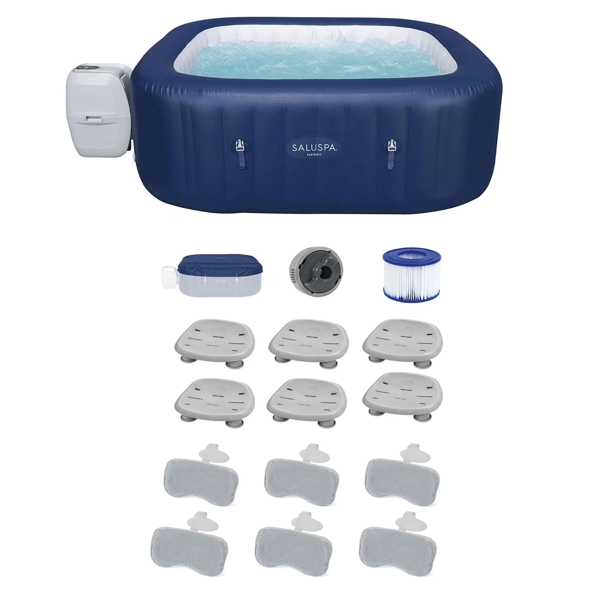 Compact Hot Tub with Inflatable, 6 Person Inflatable, 2 Pillows - Blue Model 228F08