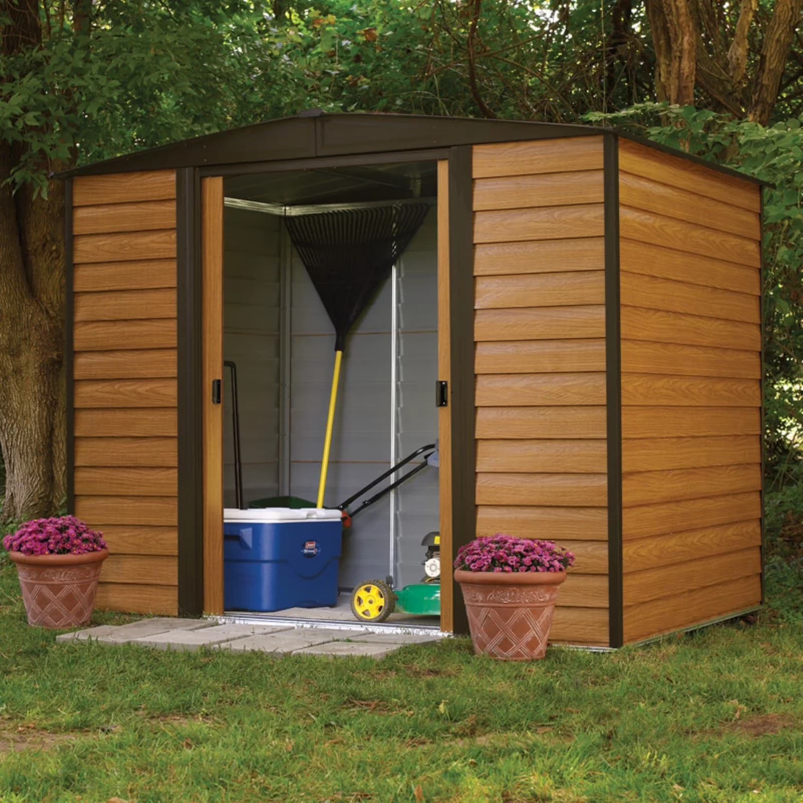Premium Shed with Water-Resistant, Easy entry and exit with sliding doors - Steel Brown Model 5C8FCA