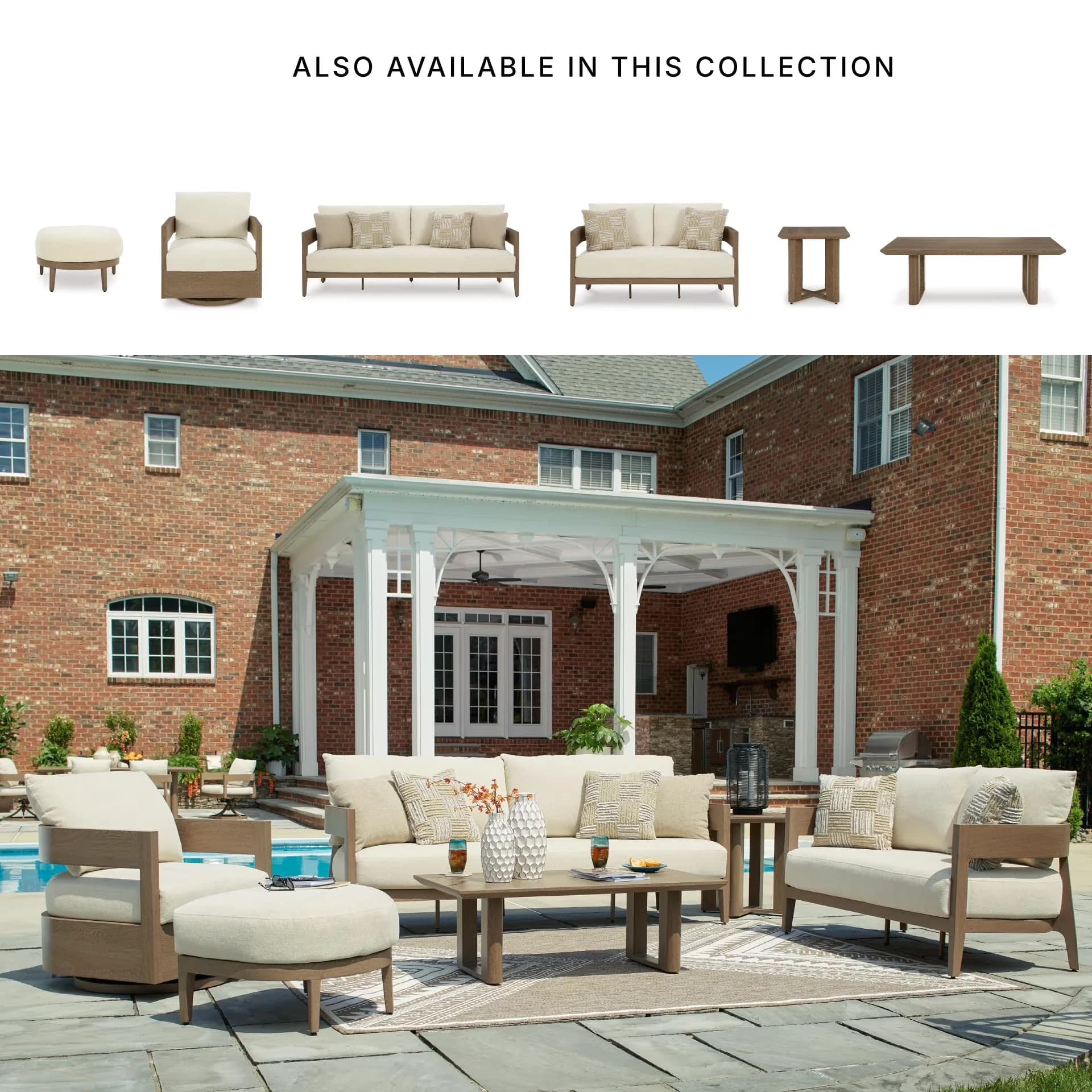 Durable Outdoor Sofas Sectional with Weather-Resistant, Wood-look finish - Beige Aluminum Model E24924