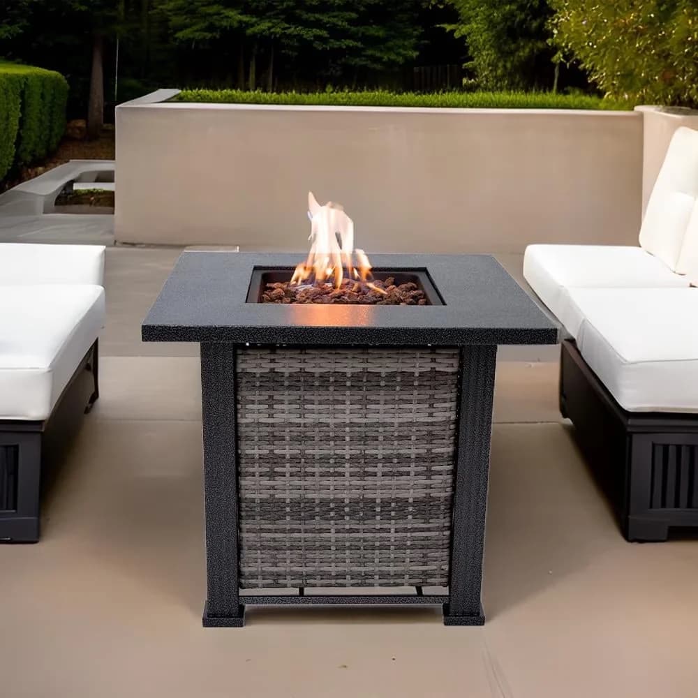 Innovative Outdoor Heating with Weather-Resistant, Lava Rocks & Lid Durable Firepits - Gray Iron, Wicker for Outdoor Model F90674