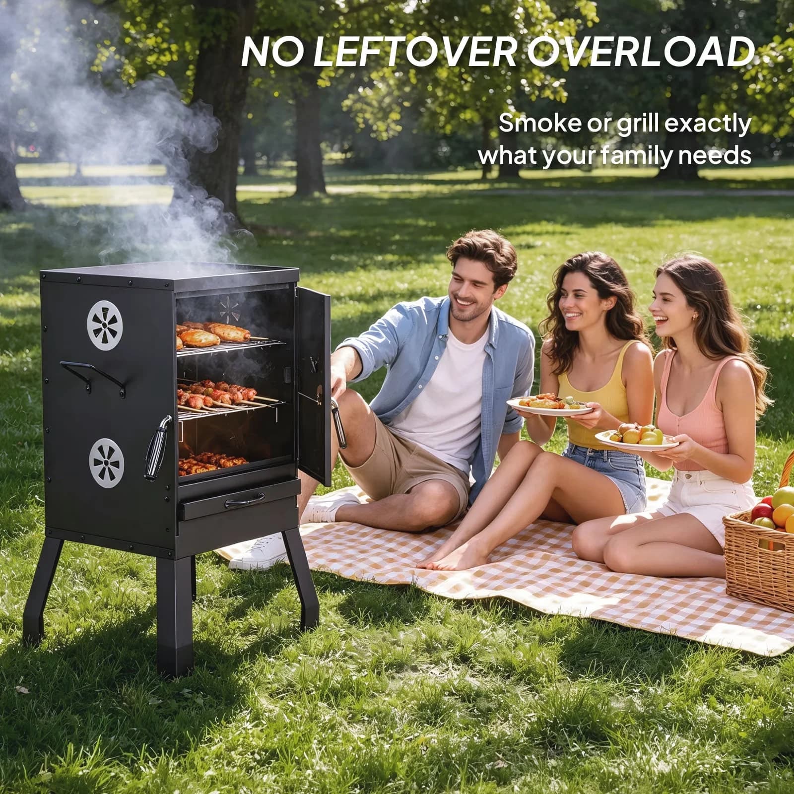 Sleek Charcoal Grill with Adjustable Charcoal Tray, Adjustable Air Vents, Pan - Iron Black for Camping Model E3B0D1
