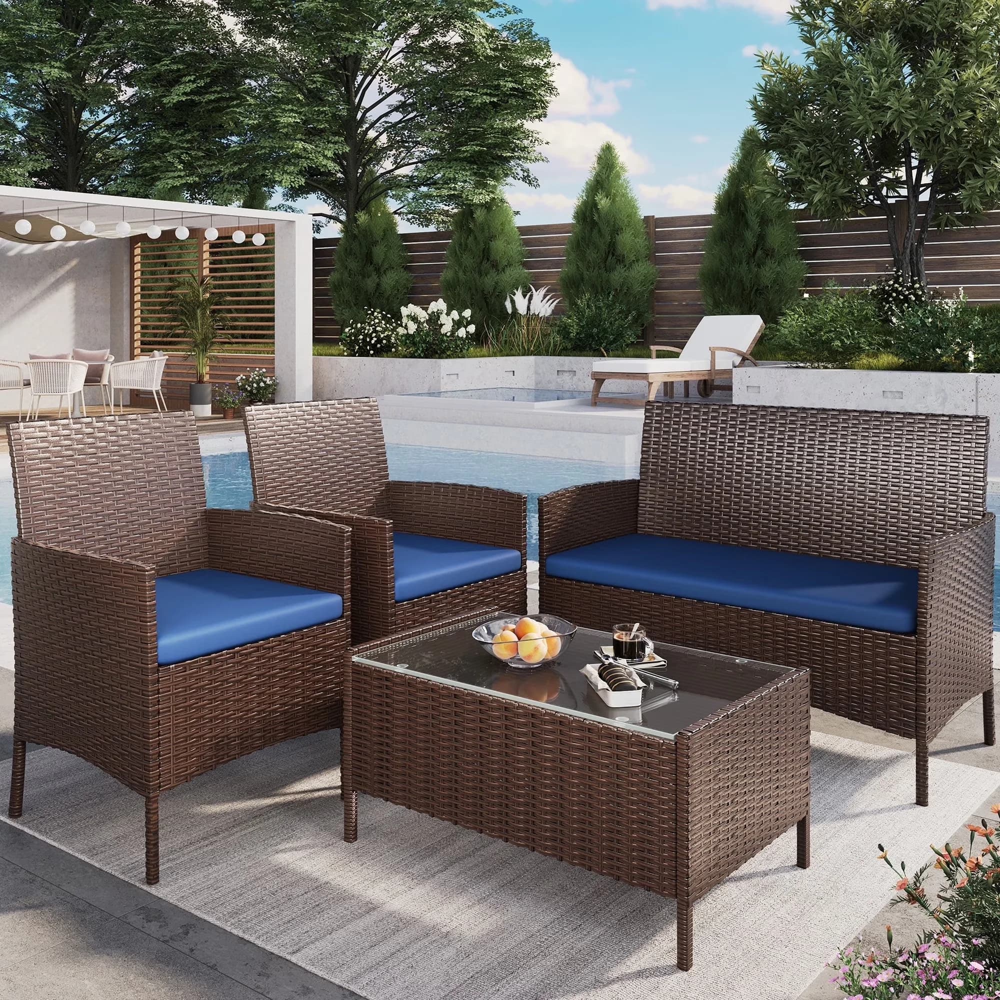 Patio Conversation Set Compact with Rattan color: Brown - Blue for Garden Model 359F73