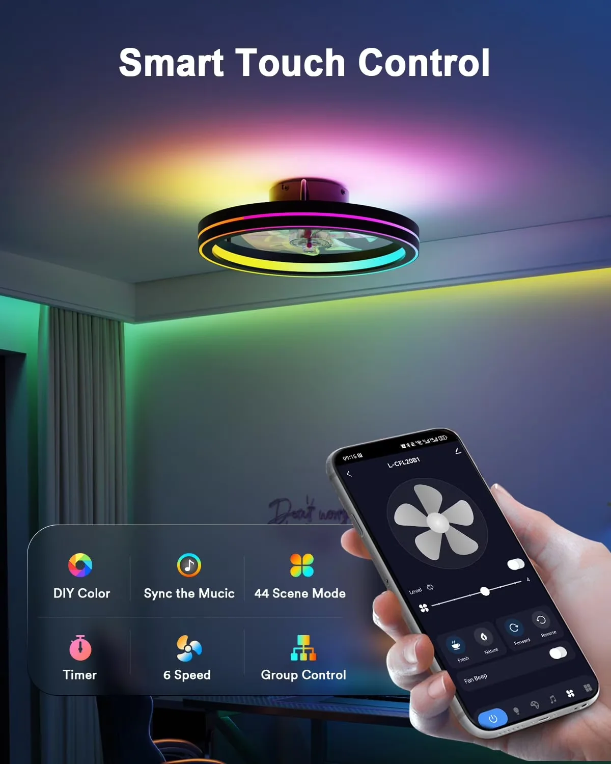 Versatile Ceiling Fan with LED, Art Deco, Smart Wi-Fi - Black Abs 2200K Model 6B57E8