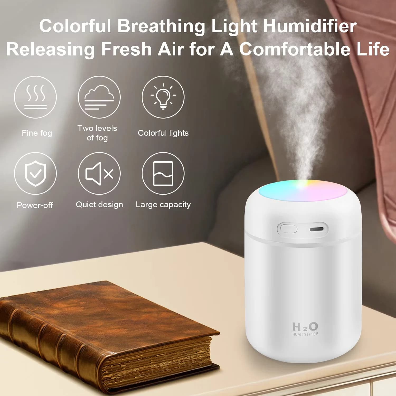 Efficient Humidifier with LED, Automatic Shut-Off, USB Charging - White Model 43742A