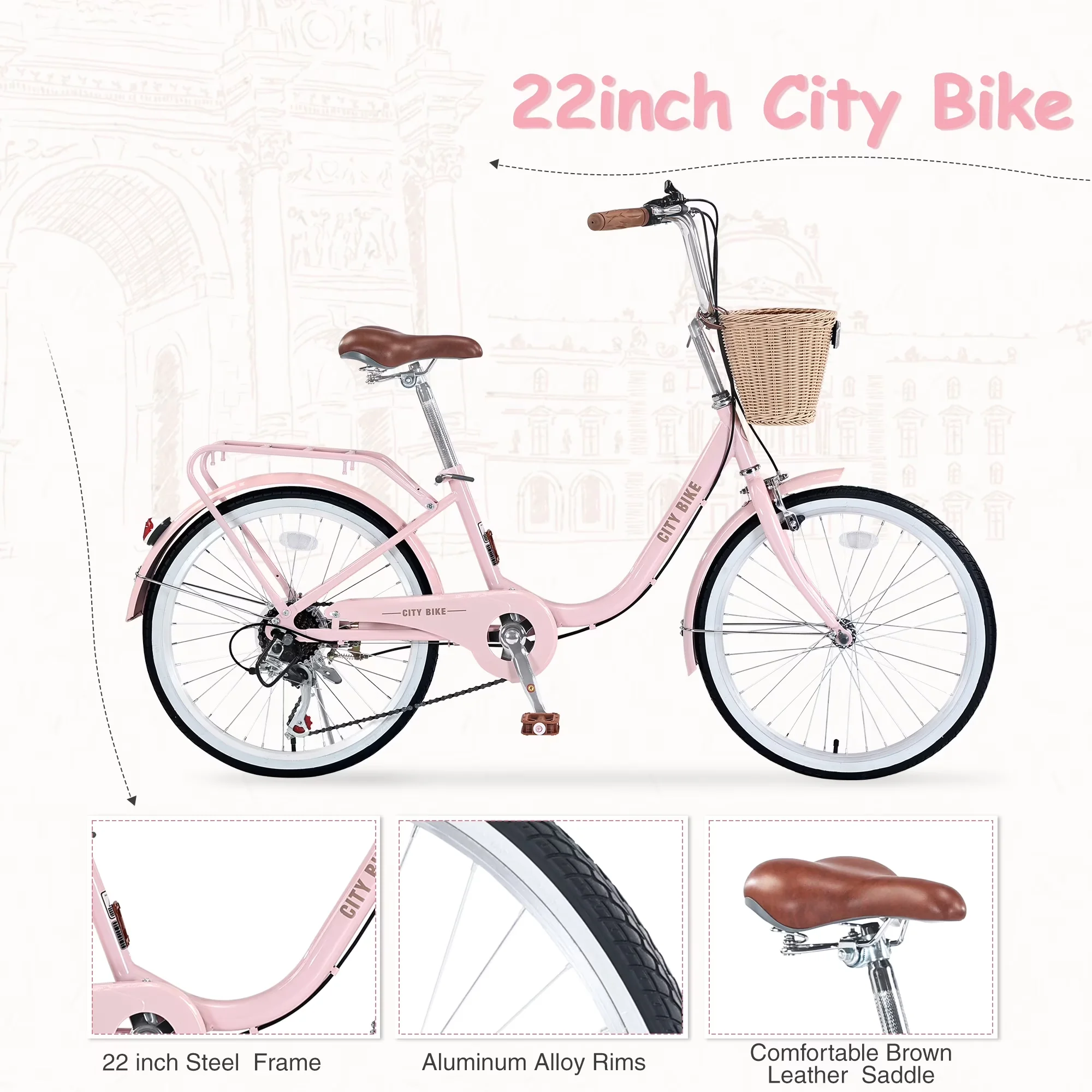 Compact Cruiser Bike with Adjustable Speed, 22" Womens, Basket - Pink - Premium Collection Model 7E147A
