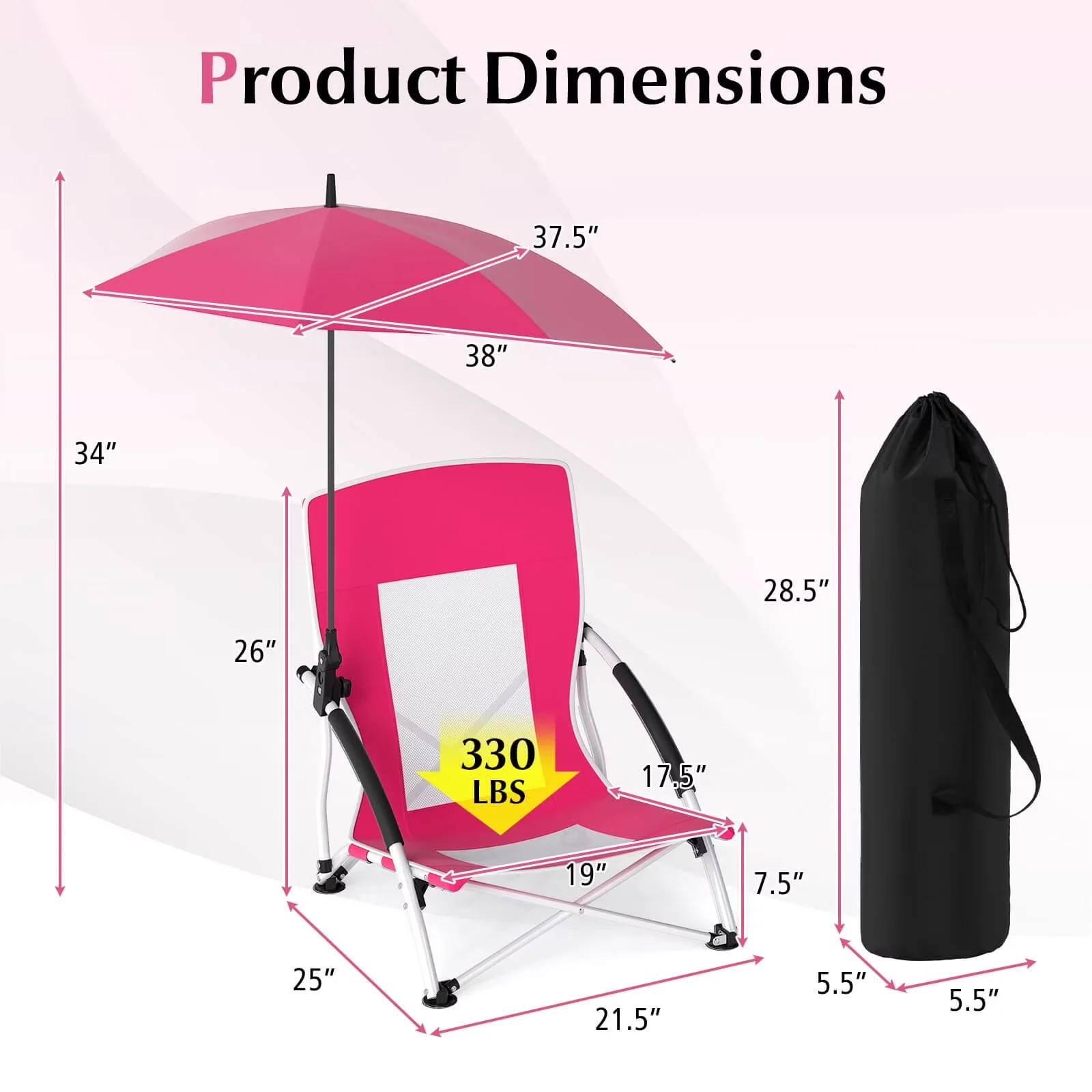 Beach Chair Premium with Folding, Adjustable, 1 PCS Portable Umbrella - Pink Model F1EFC9