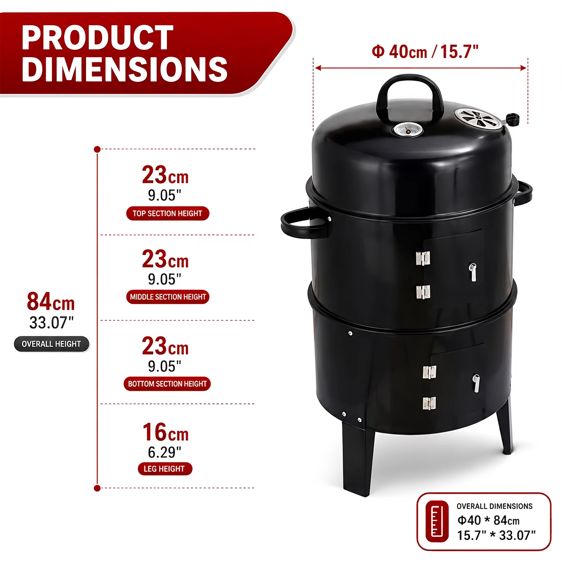Versatile Charcoal Grill with Adjustable Charcoal Tray, 33.07" Vertical Steel - Black Steel for Camping, Outdoor Model 115038
