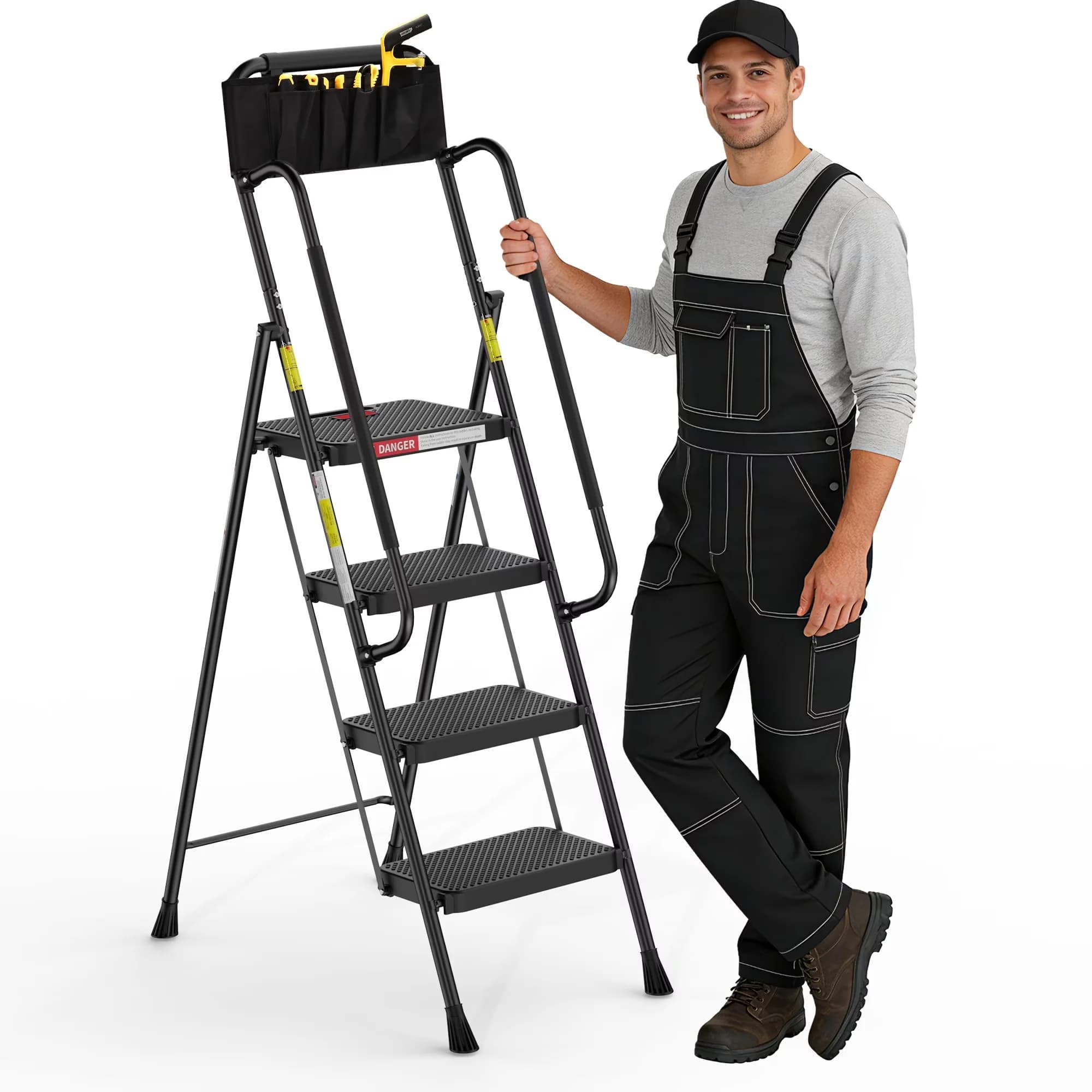 Compact Building Material with Stable Steel Step Stool, Tool Bag & Anti-Slip Pedals - Metal Black for Home Model D29986
