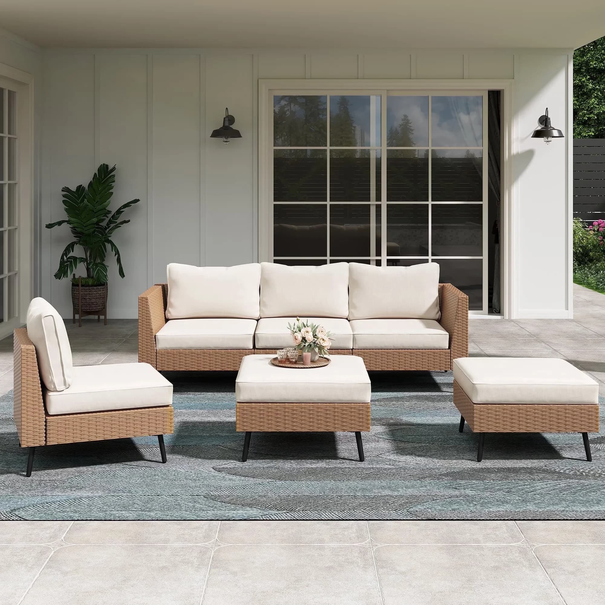Versatile Patio Conversation Set with Weatherproof, Beige Cushions, Rattan Wicker Sectionals - Beige Pe Wicker, Steel Model 178F6E