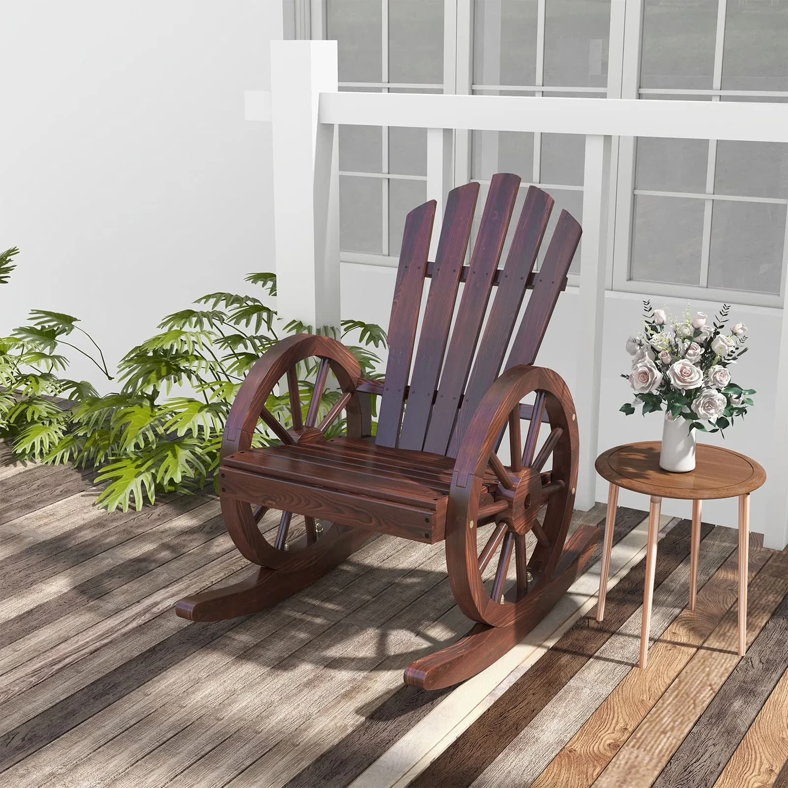 Modern Patio Chair with Wooden Wagon Wheel Rocking, Outdoor Rocking, Slatted Back and Wheel Armrests - Brown Fir Wood Model C20067
