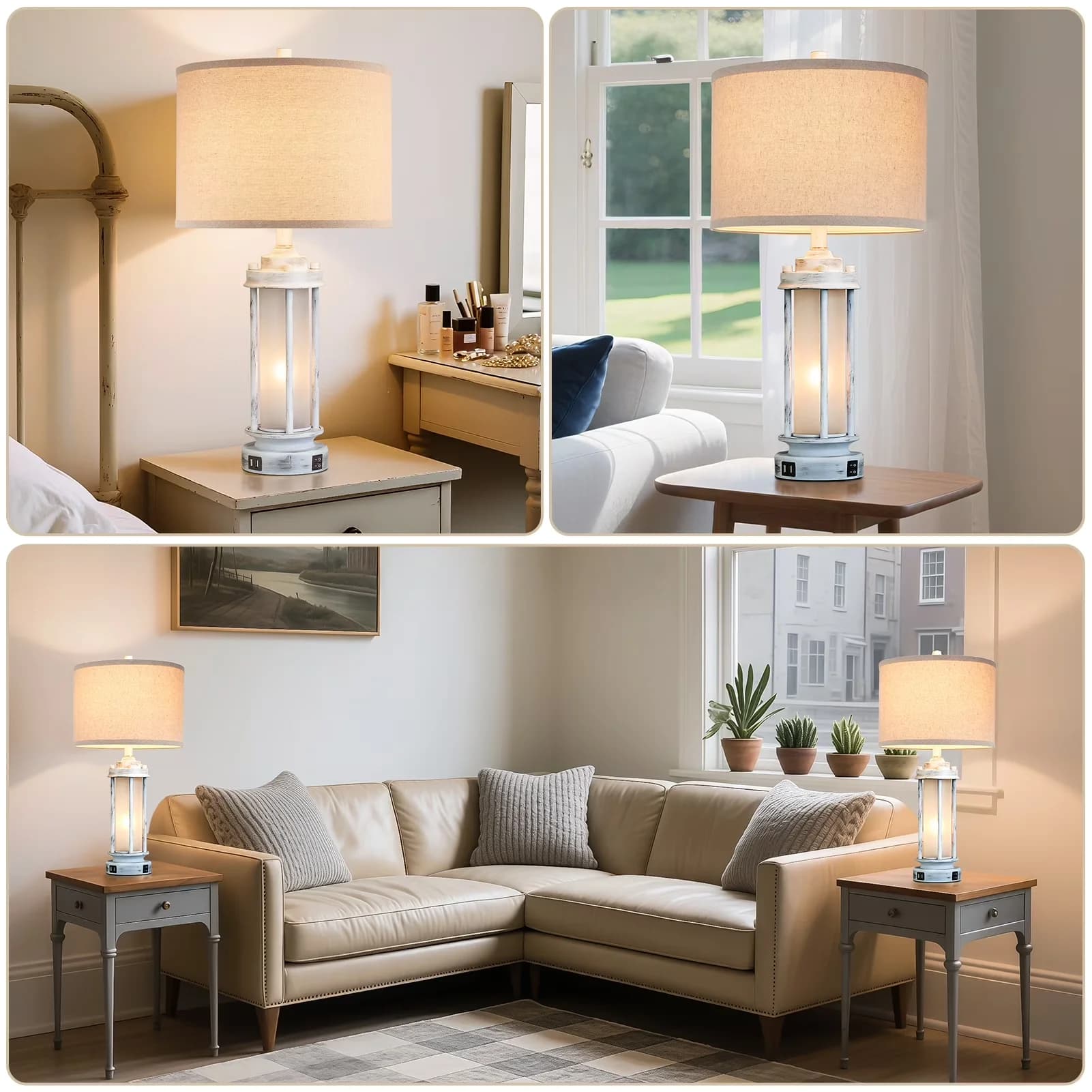 Durable Lamp Set with LED, Art Deco, Usb Port - White Metal for Bedroom Model 3EA48B