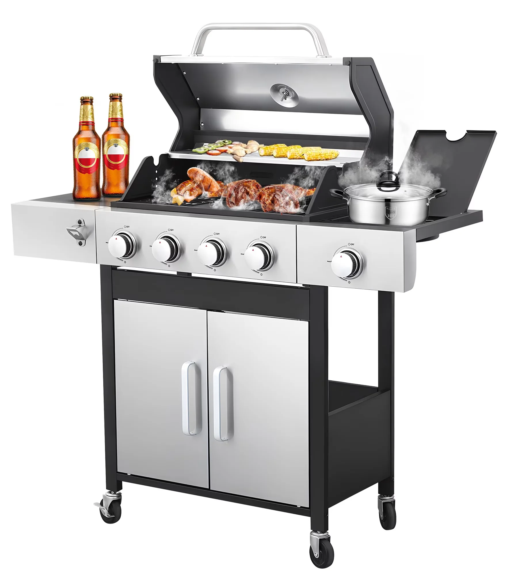 Modern Gas Grill with 46790 BTU, Heat Thermometer, Grease Pan - Silver Stainless Steel for Patio, Garden Model 0A6E83