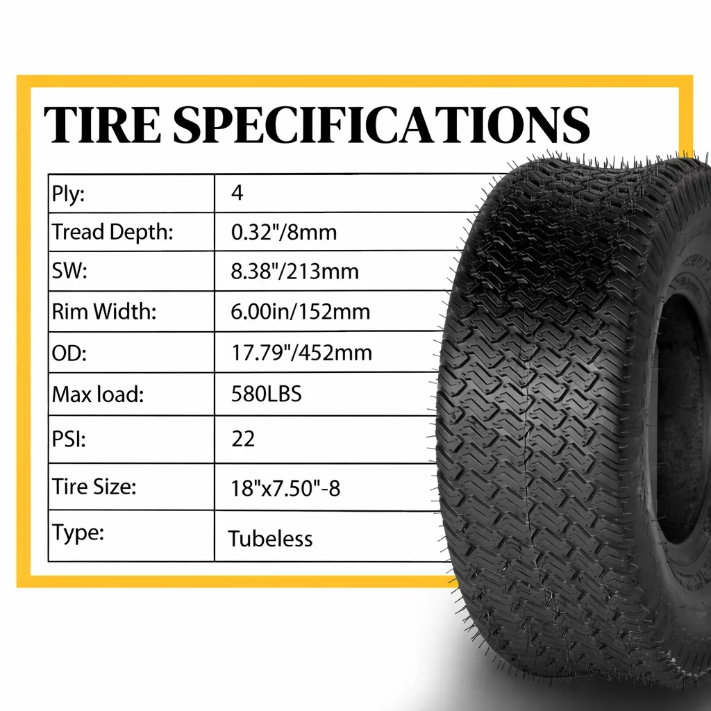 Lawn Mower Tire Efficient with 18x7.50-8 Tubeless Turf Tires, 4PR Grass-Friendly Tires for Garden - Model D4E19E