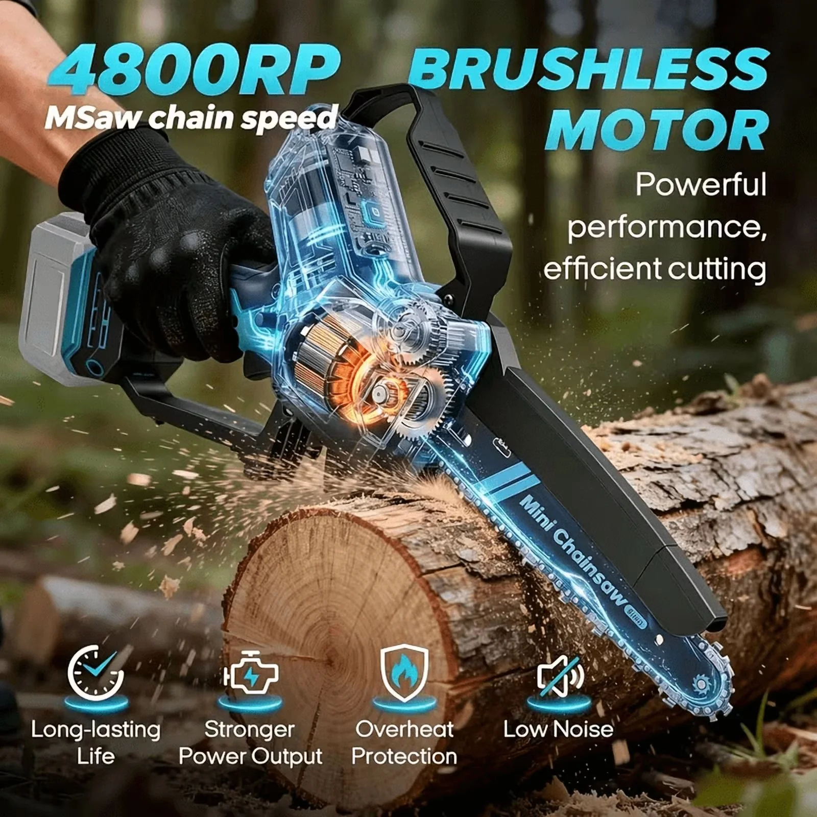 Chainsaw Compact with Battery, 21V, Tool-Less Chain Tensioning - Blue - Industrial Grade Model 45F6ED