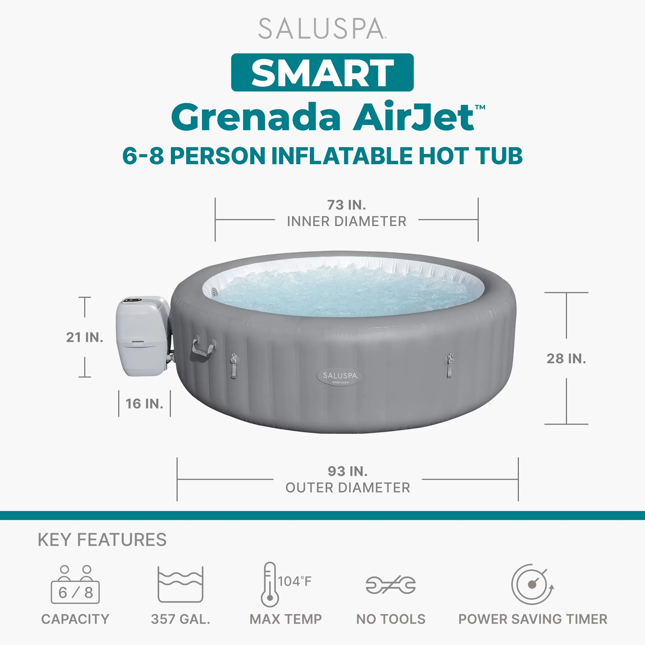 Durable Hot Tub with Inflatable, Size: 93 in. x 28 in. (2.36 m x 71 cm) - Model 44B166