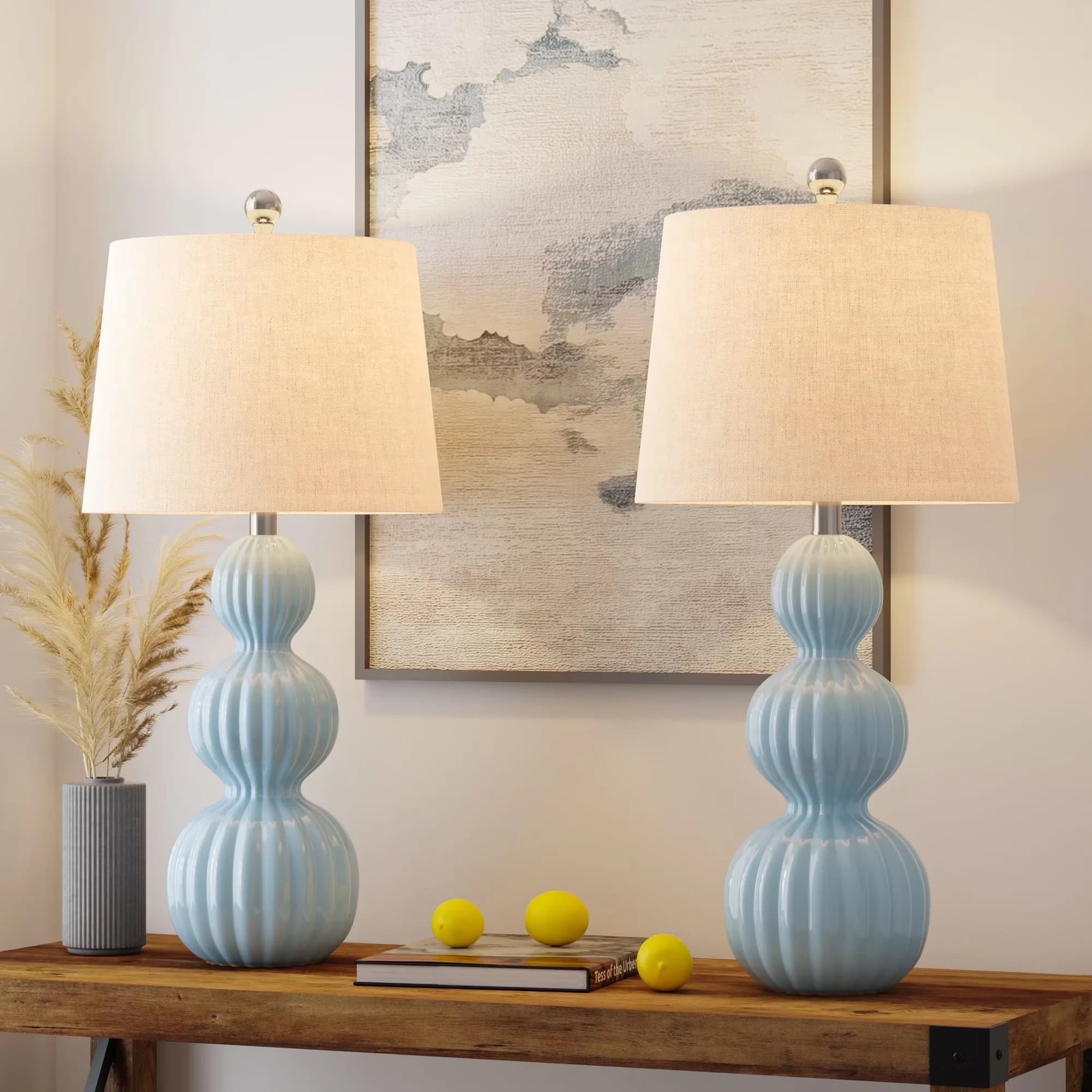 Classic Lamp Set with Incandescent, Mid-Century, Blue Ceramic Table Lamps of 2 - Ceramic Blue Model 520385