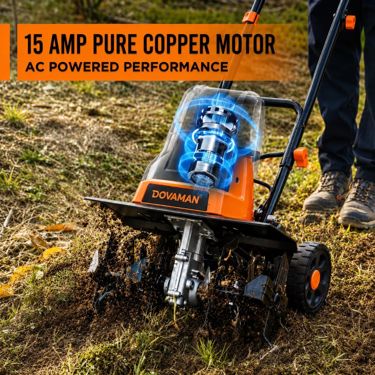 Efficient Trillers Cultivator with 15-Amp Corded, 9-Inch Depth and Adjustable Wheels, 18-Inch Electric Garden Tiller - Model E318B2