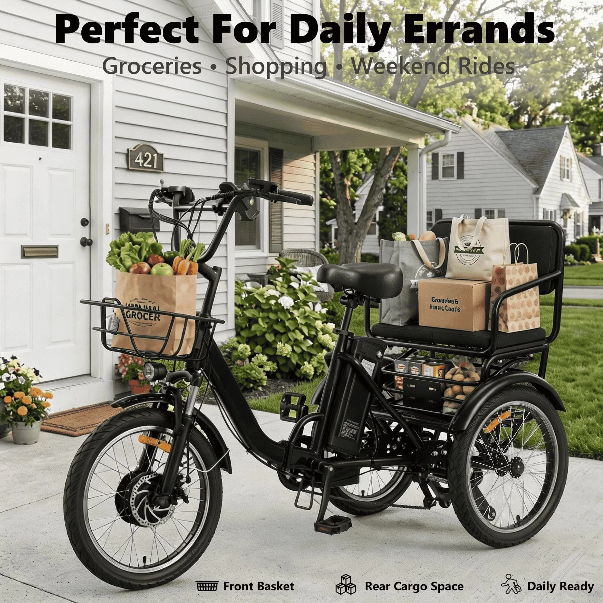 Electric Bike Efficient with 48V, Adjustable Handlebar Height, Two-Seat Tricycle - Black Model EA7312