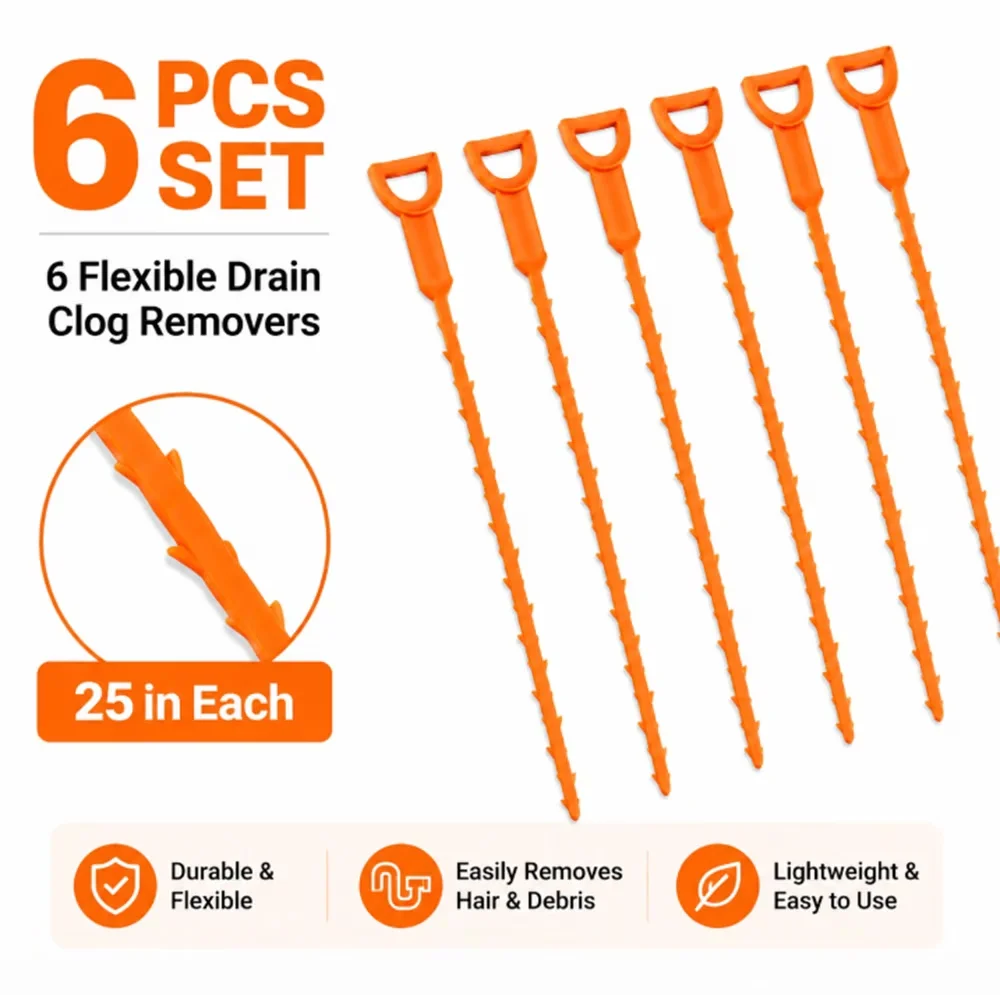 Quality Plumbing with Durable, 6 Pack 25 Inch Drain Cleaning Tools, Flexible Snake Cleaners for Bathroom - Model AEDC60