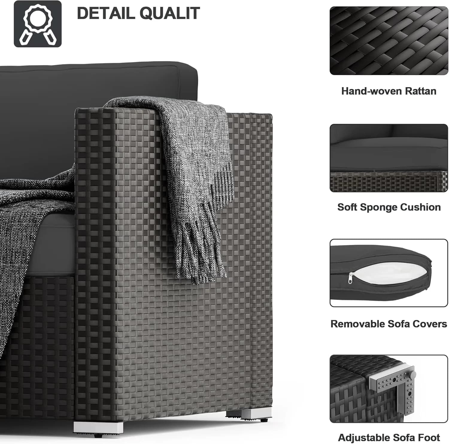 Sleek Outdoor Sofas Sectional with Reclining, Color Grey, Size Black Wicker - Rattan Model E13DF9