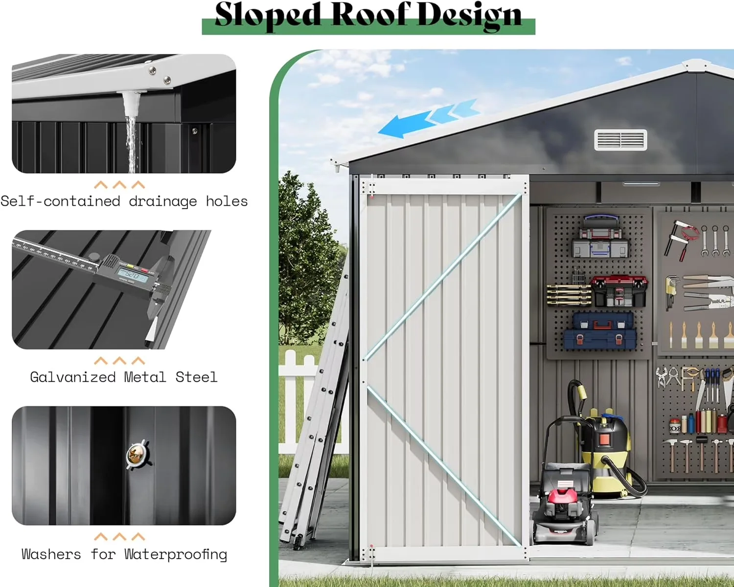 Durable Shed with Impact-Resistant, 2/4-Pane Windows Hinged Double Doors - Metal White for Garden Model 29D72A