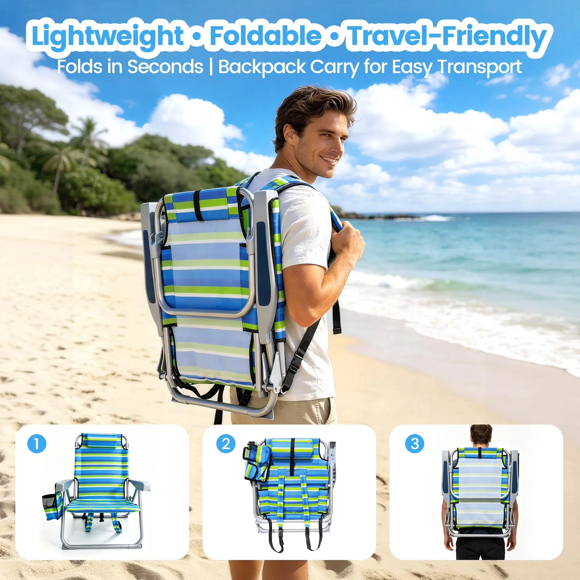Durable Beach Chair with Rust Resistant, Water-Resistant, Backpack Set of 2 - Green Model 11F295