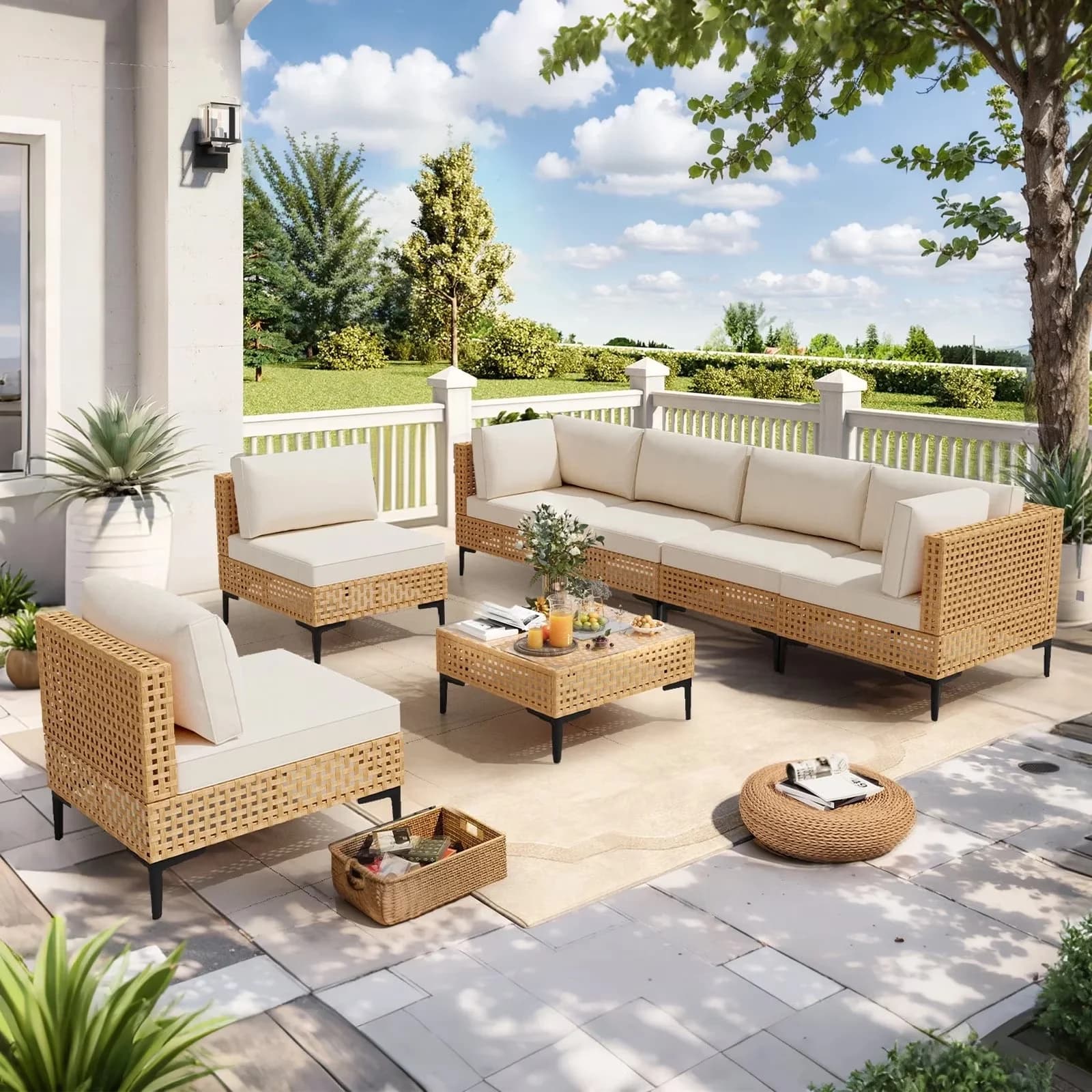 Quality Patio Conversation Set with Weatherproof, Boho Outdoor Sectional Furniture, All-Weather Cushions - Wicker, Steel, Glass Beige Model 4B8C3E