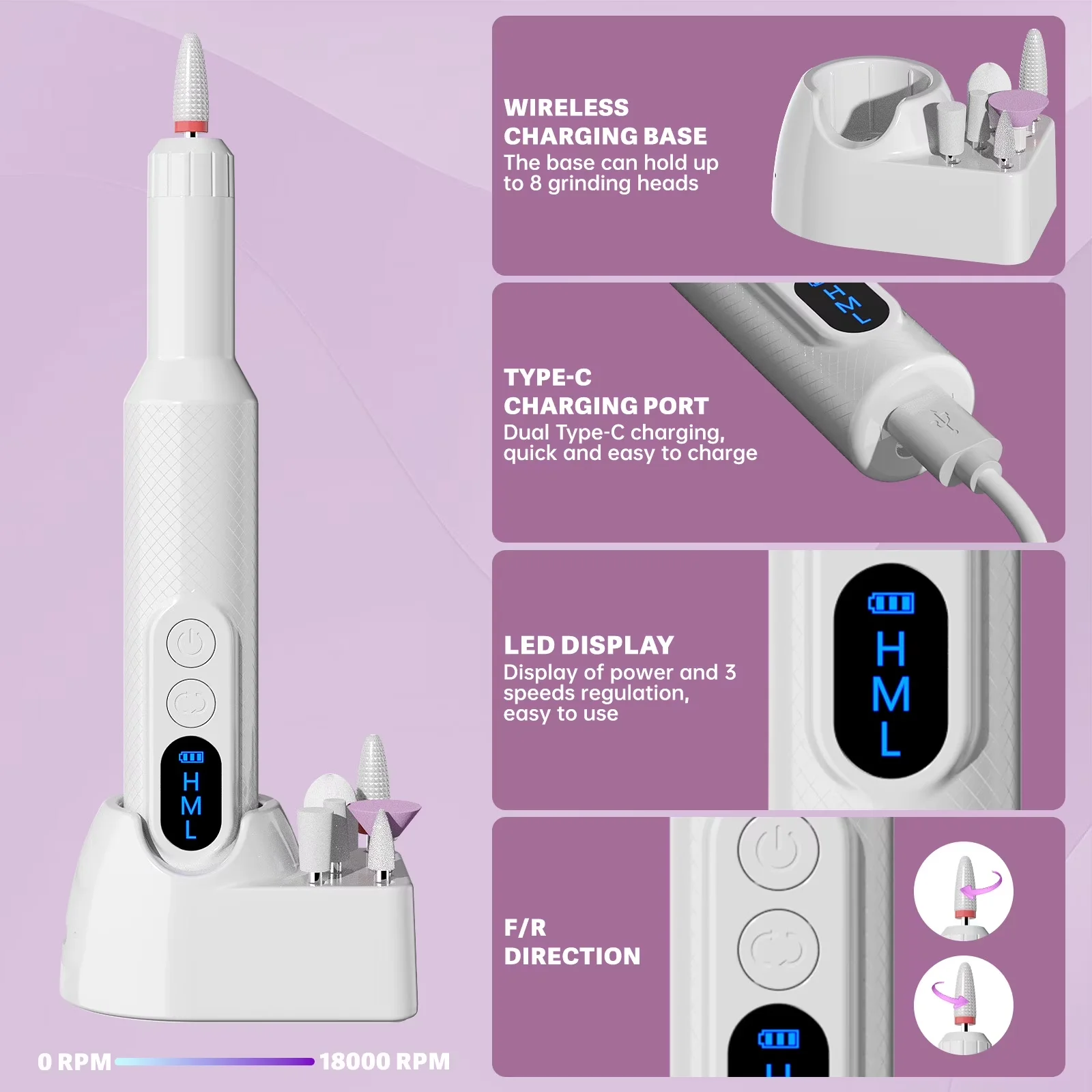 Sleek Power Tool with Battery, Adjustable, Electric Nail Drill - White Model C09115