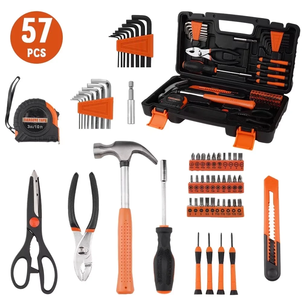 Compact Hand Tool Set with Ergonomic Handle, 57 Piece Kit - Orange Home Model 233FD4