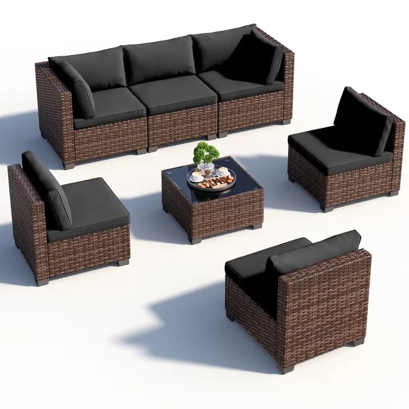 Stylish Outdoor Sofas Sectional with Tempered Glass Table, 7-Piece Rattan Patio Furniture Set, Like it ? Explore more! - Black... Model 6410BA