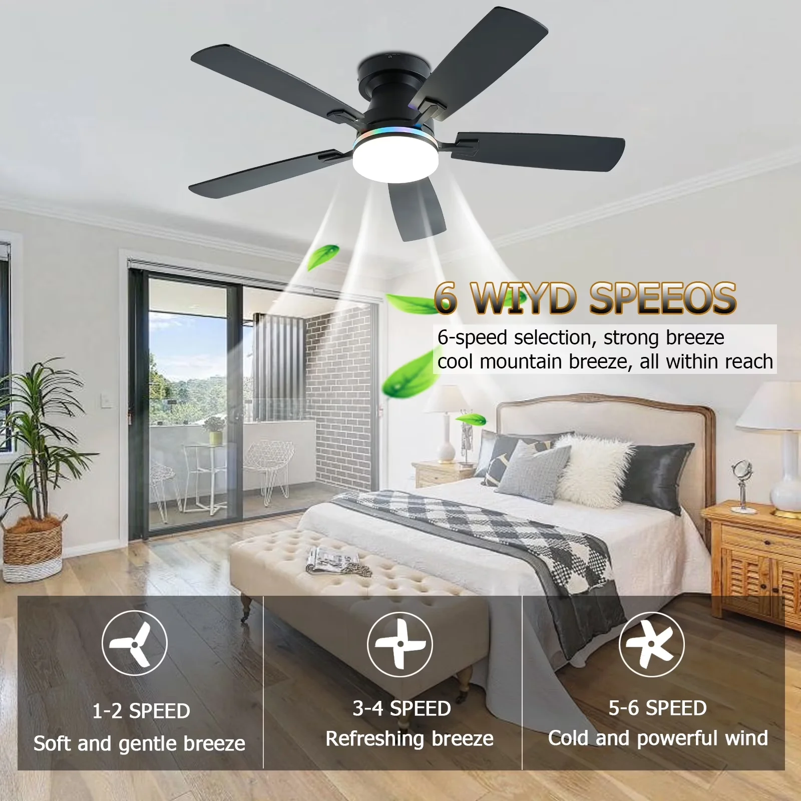 Innovative Ceiling Fan with LED, Reversible Blades - Black for Bedroom, Indoor Model FFD909