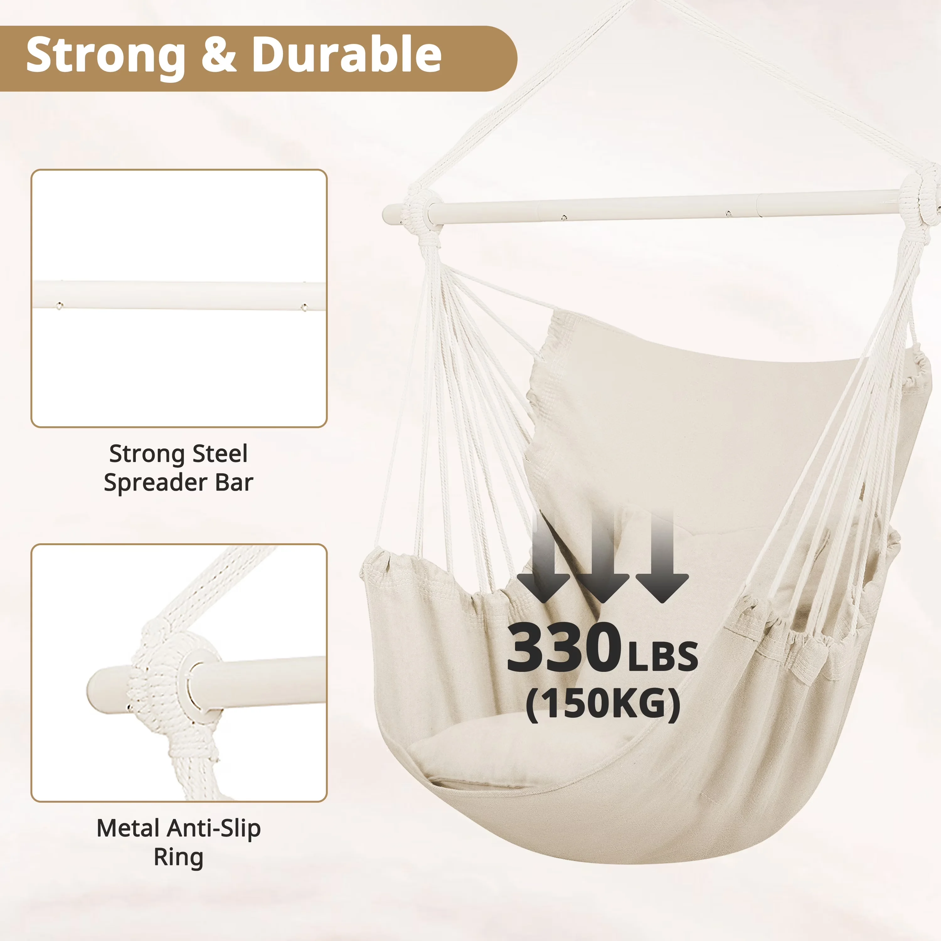 Patio Chair Durable with Portable, Cotton Hammock Swing Seat - Beige Cotton, Polyester, Metal for Bedroom, Patio Model 04B8C0